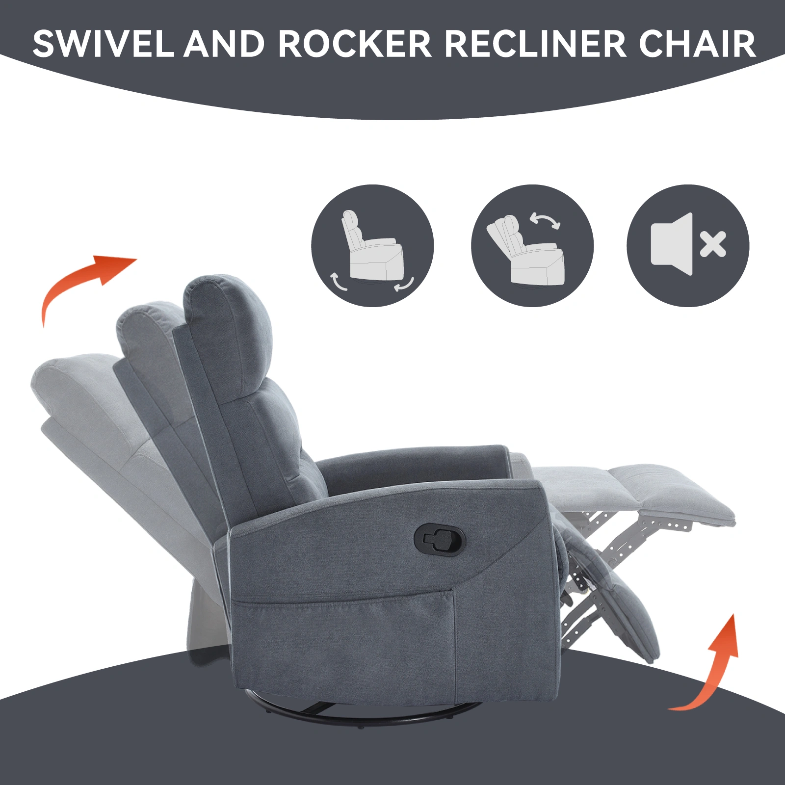 Manual Recliner Chair with Rocker & Swivel, Fabric Living Room Accent Chair, Grey view 11