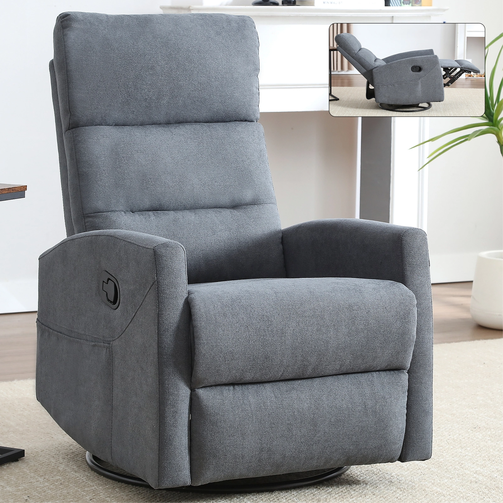 Manual Recliner Chair with Rocker & Swivel, Fabric Living Room Accent Chair, Grey view 15