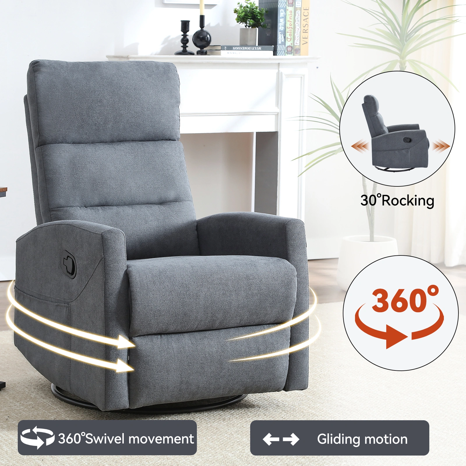 Manual Recliner Chair with Rocker & Swivel, Fabric Living Room Accent Chair, Grey view 4