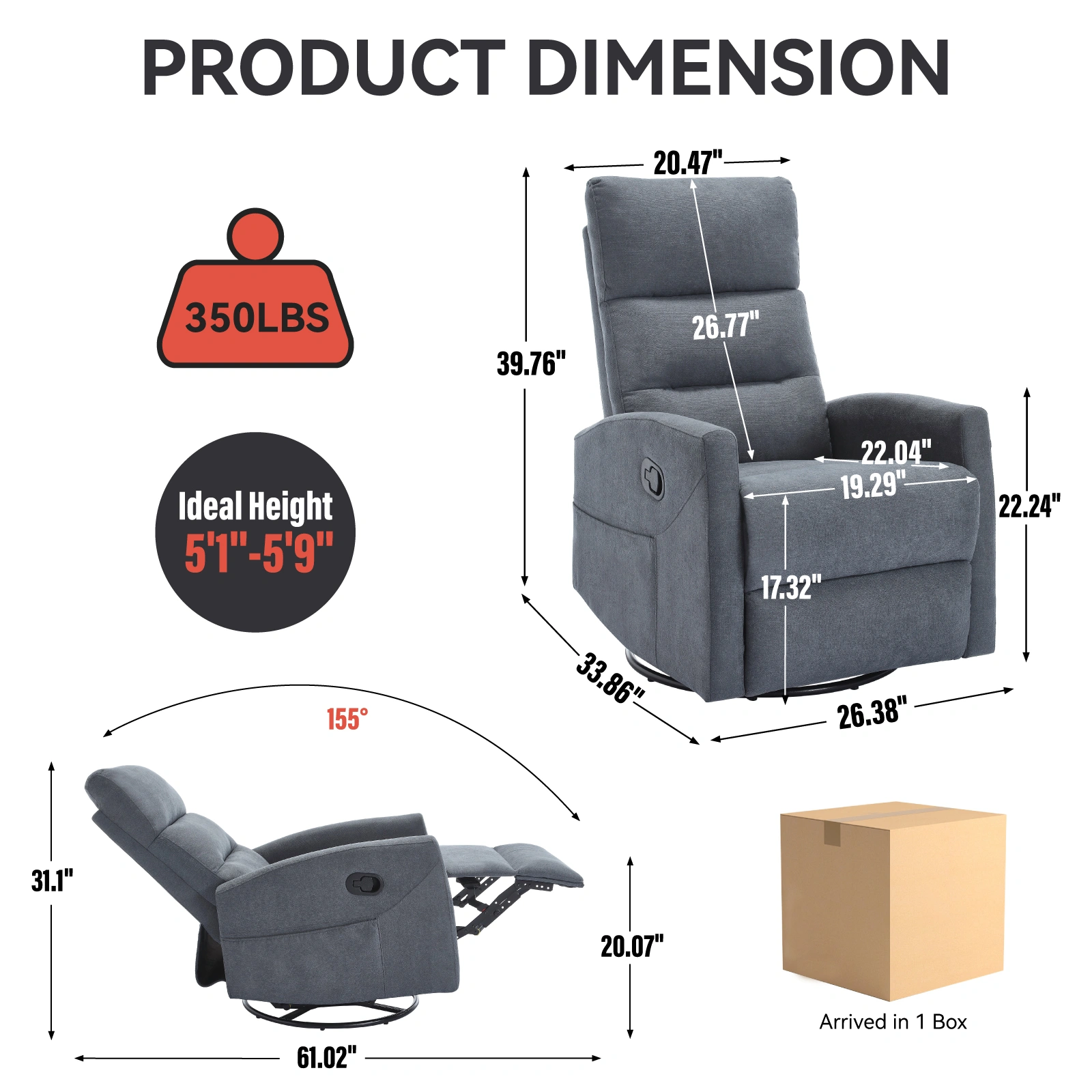 Manual Recliner Chair with Rocker & Swivel, Fabric Living Room Accent Chair, Grey view 5