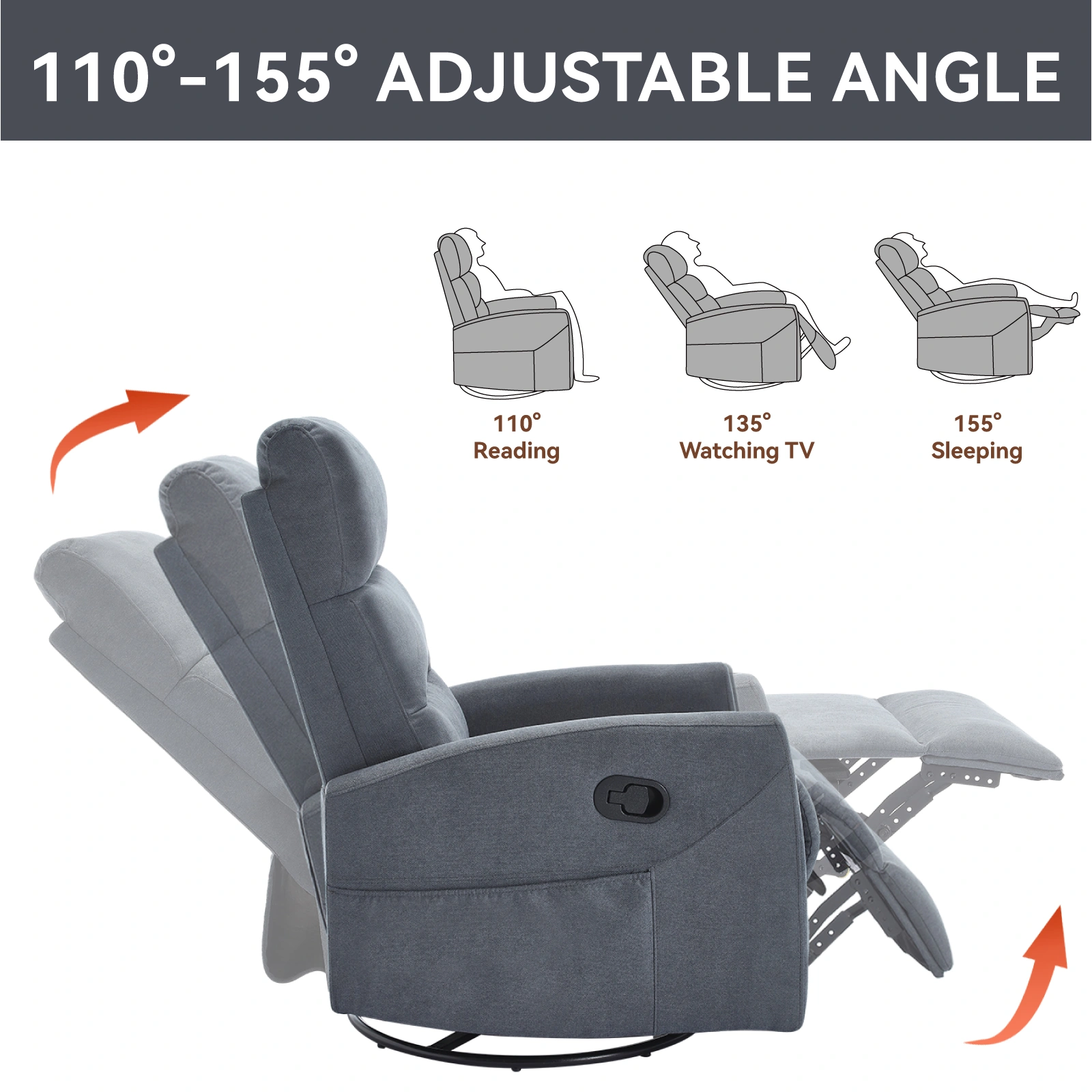 Manual Recliner Chair with Rocker & Swivel, Fabric Living Room Accent Chair, Grey view 6