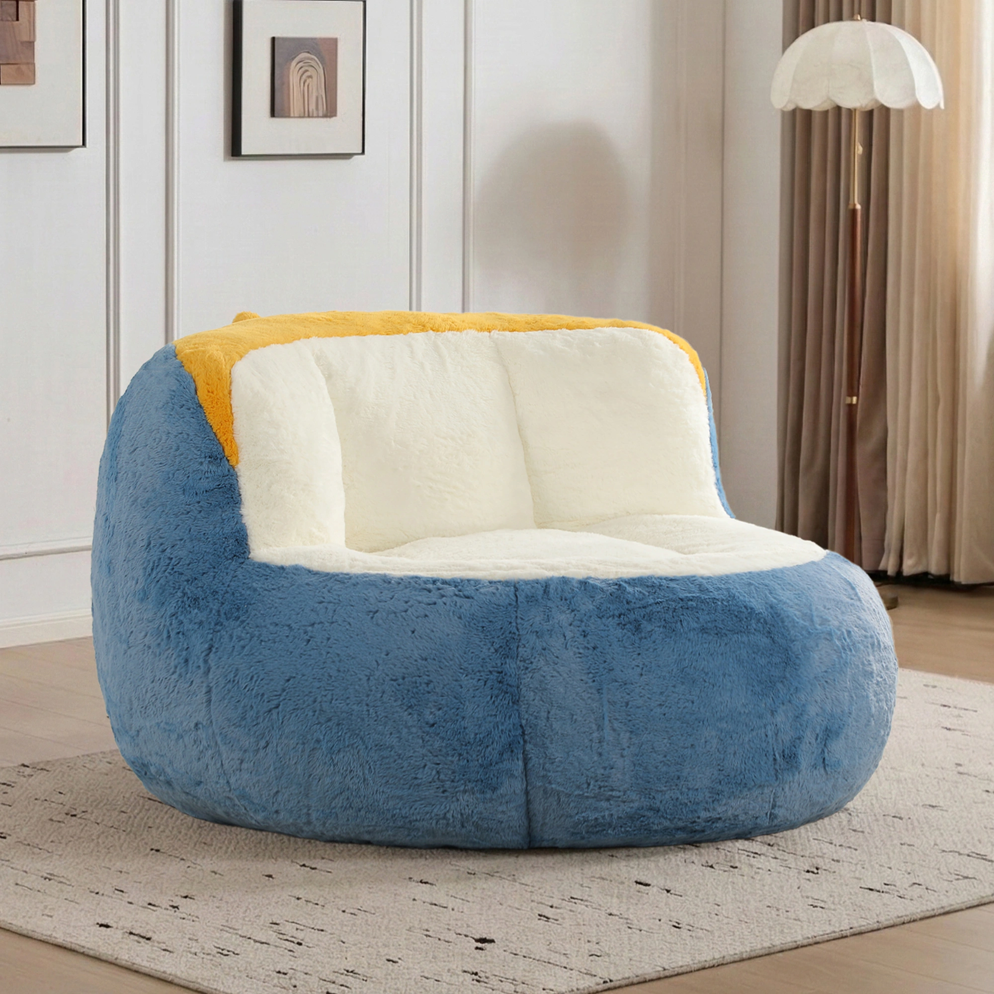 Oversized Bean Bag Chair, Multicolor Faux Fur, Shredded Sponge Filled Lounger Sofa Couch, No Assembly, Blue White Yellow