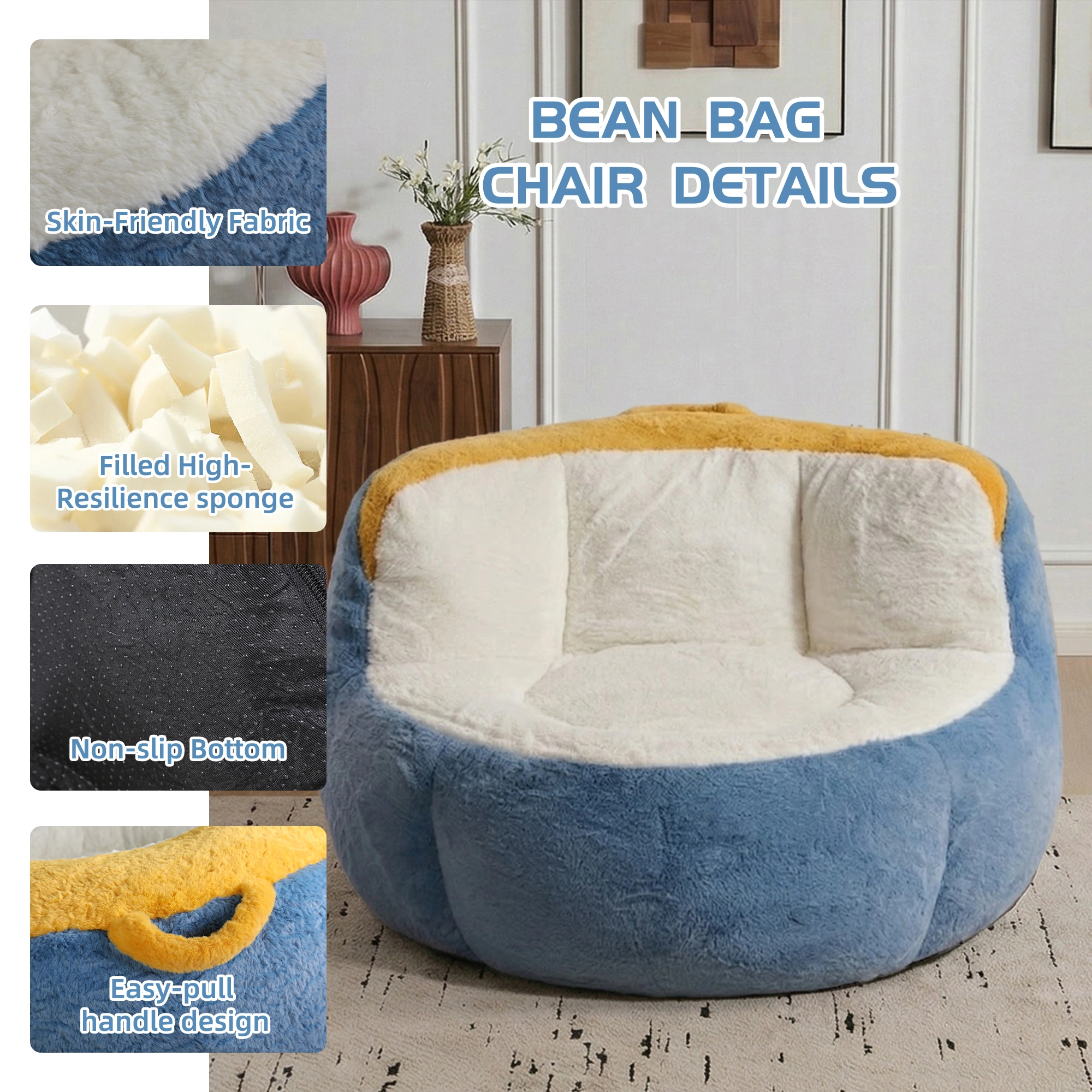 Oversized Bean Bag Chair, Multicolor Faux Fur, Shredded Sponge Filled Lounger Sofa Couch, No Assembly, Blue White Yellow view 3