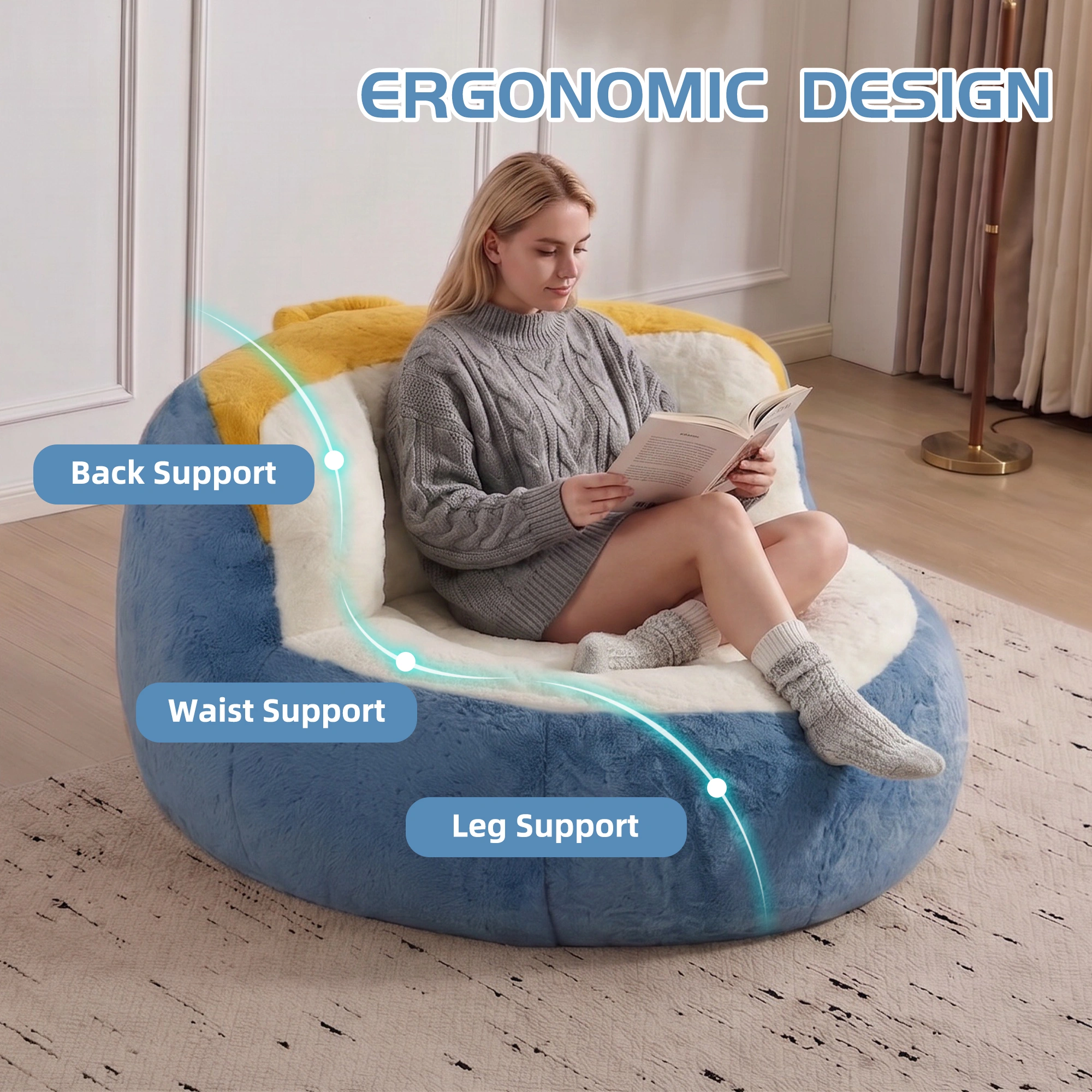 Oversized Bean Bag Chair, Multicolor Faux Fur, Shredded Sponge Filled Lounger Sofa Couch, No Assembly, Blue White Yellow view 4