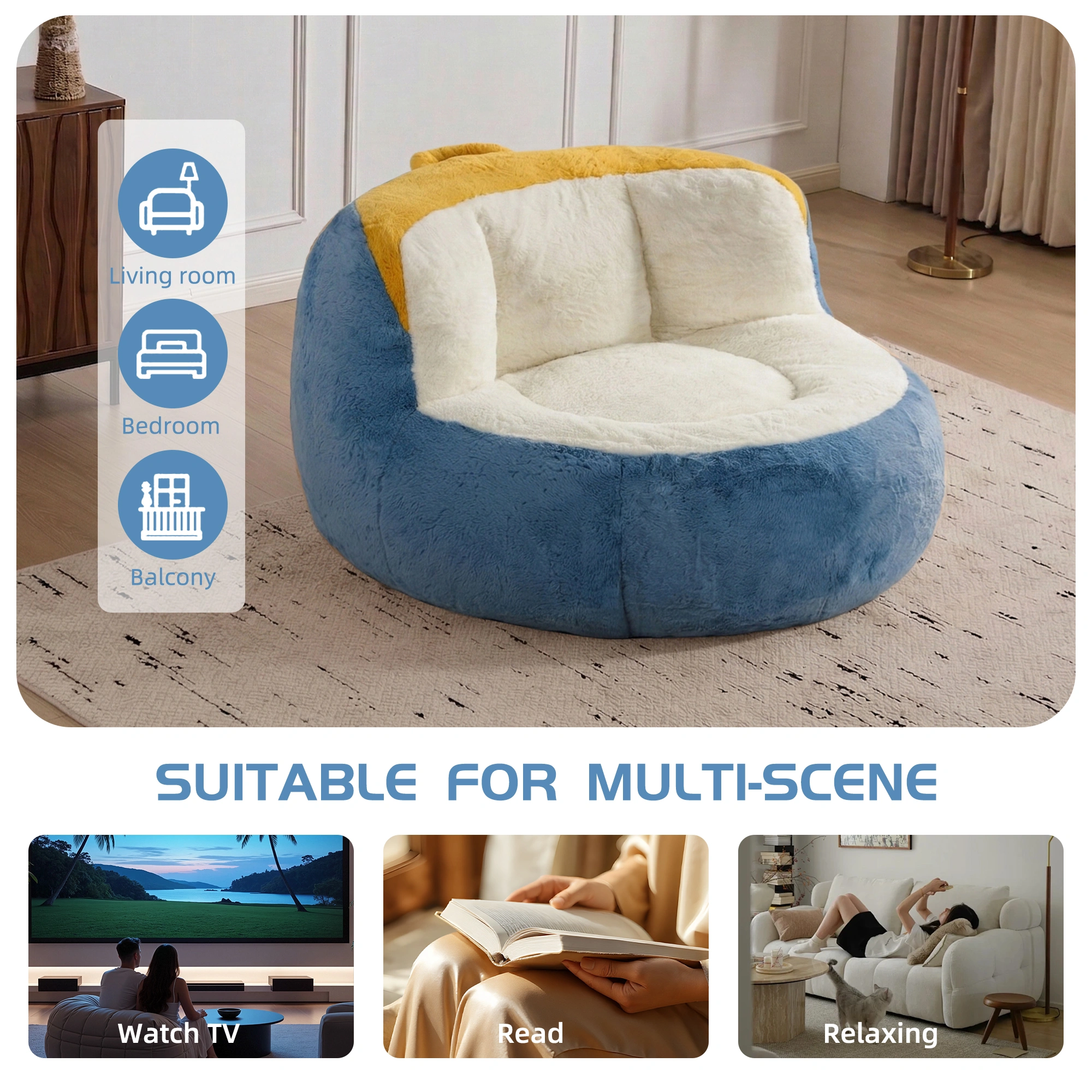 Oversized Bean Bag Chair, Multicolor Faux Fur, Shredded Sponge Filled Lounger Sofa Couch, No Assembly, Blue White Yellow view 5