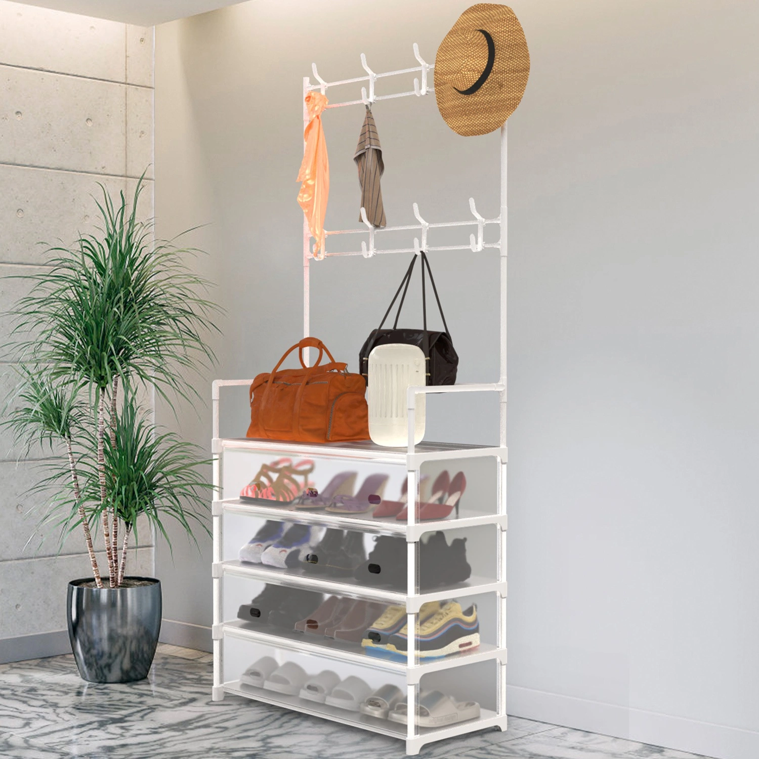 5-Tier Dustproof Entryway Hall Tree Coat Rack Shoe Rack With 8 Removable Hooks Freestanding Shoe Storage Shelf Hat Clothes Organizer For Front Door Bedroom Entryway view 2