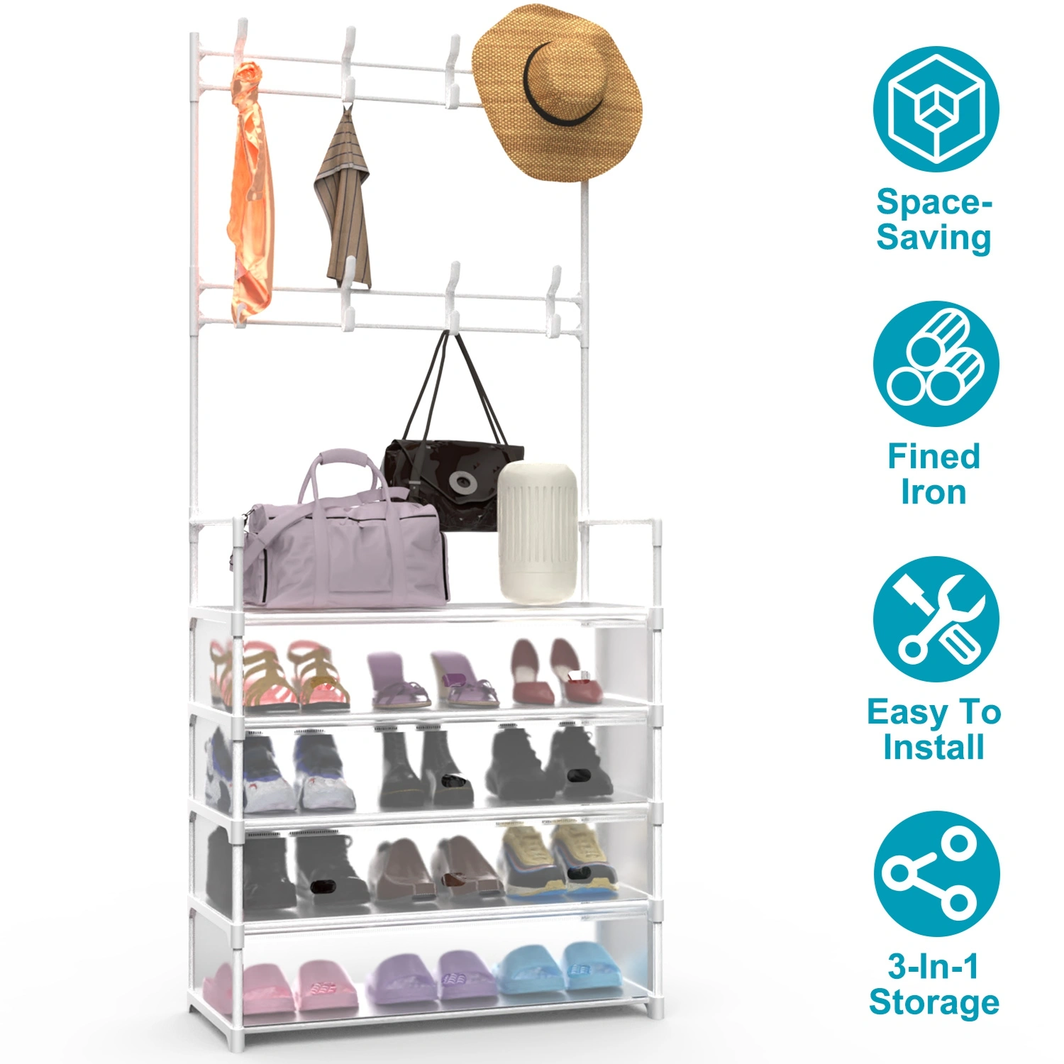 5-Tier Dustproof Entryway Hall Tree Coat Rack Shoe Rack With 8 Removable Hooks Freestanding Shoe Storage Shelf Hat Clothes Organizer For Front Door Bedroom Entryway view 3