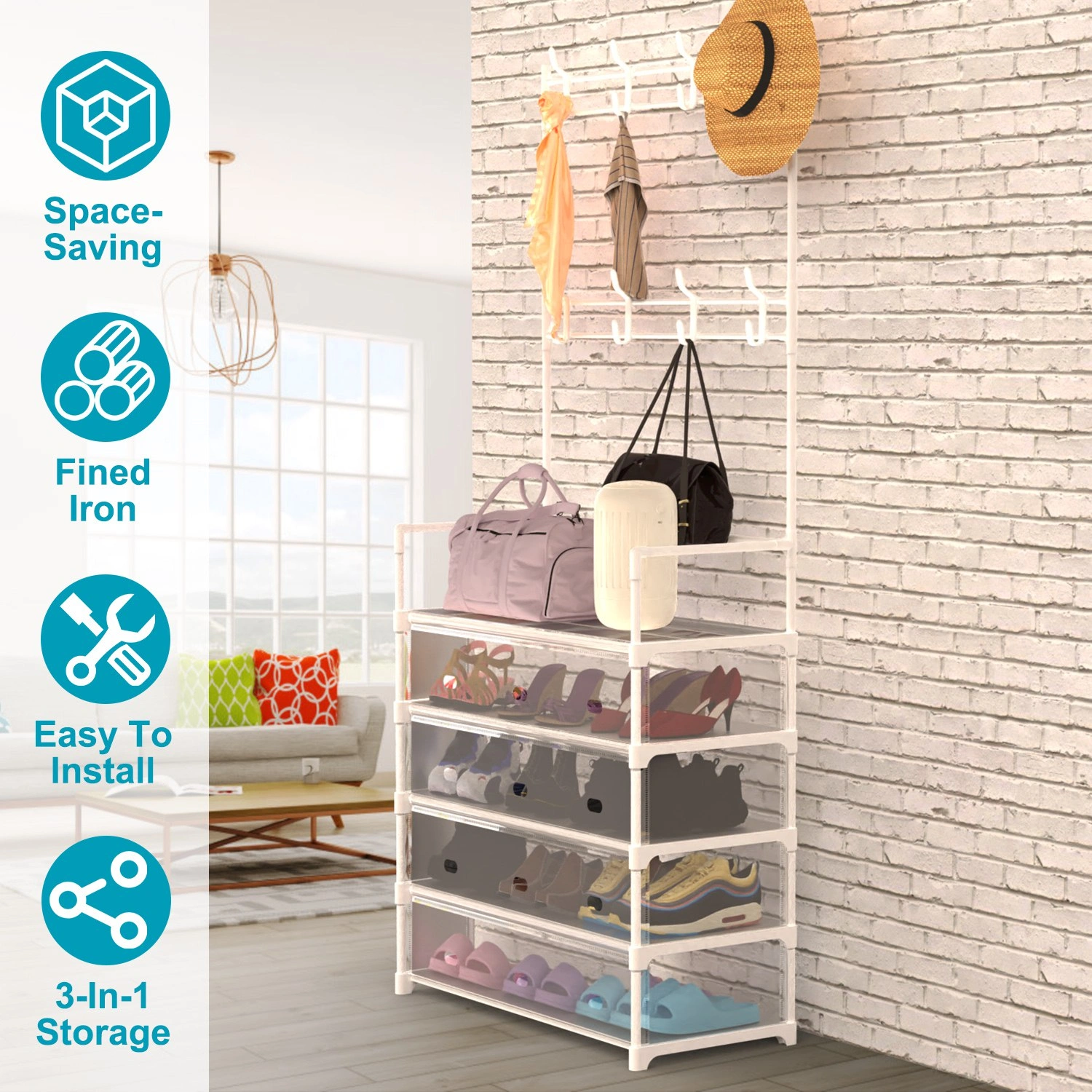 5-Tier Dustproof Entryway Hall Tree Coat Rack Shoe Rack With 8 Removable Hooks Freestanding Shoe Storage Shelf Hat Clothes Organizer For Front Door Bedroom Entryway view 5