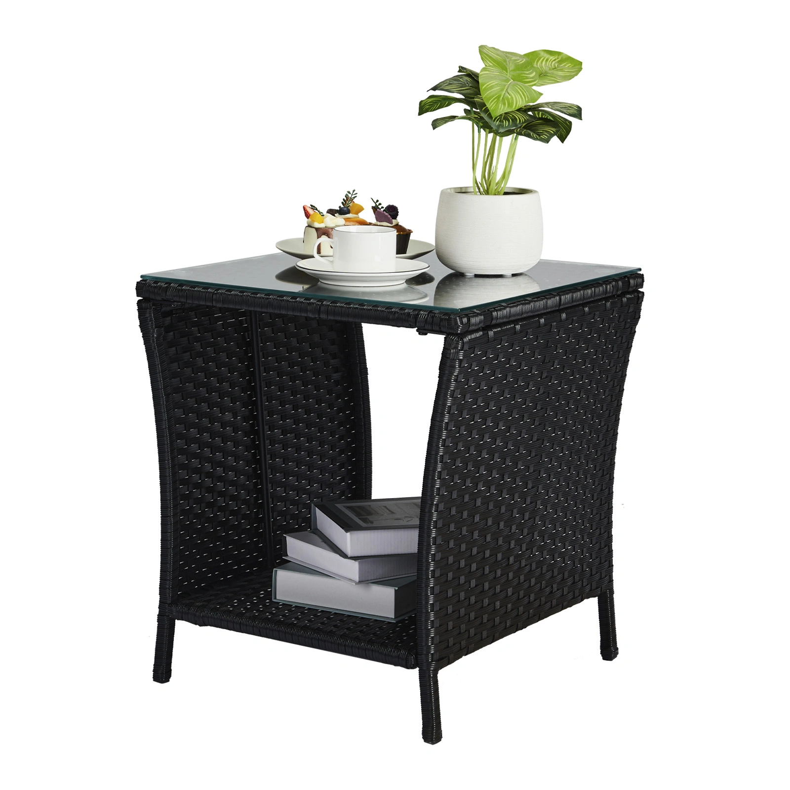 Outdoor Patio Wicker Side Table, Square End Table Bistro Coffee Table with Glass Top Storage Shelf for Porch Garden Backyard Black view 10