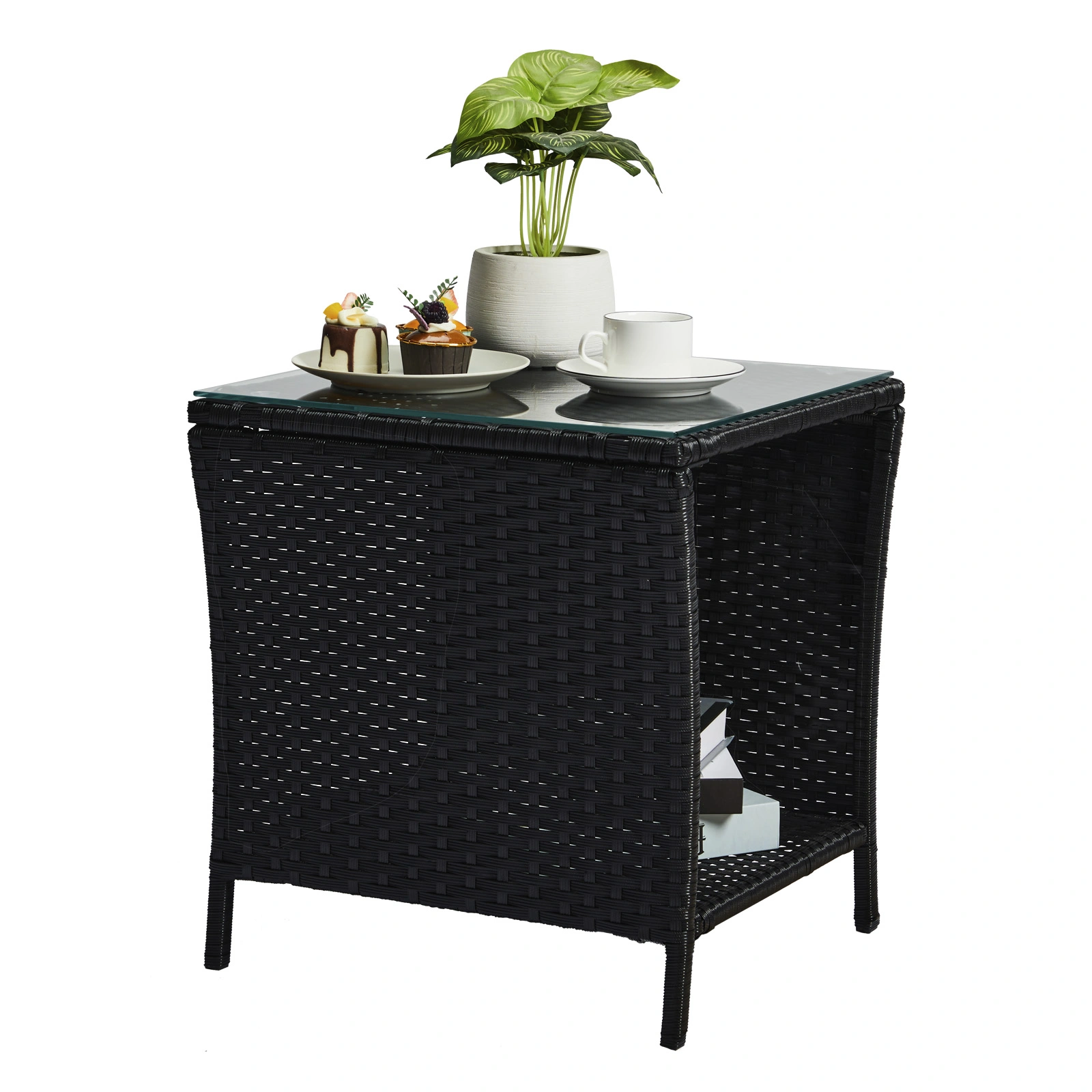 Outdoor Patio Wicker Side Table, Square End Table Bistro Coffee Table with Glass Top Storage Shelf for Porch Garden Backyard Black view 11