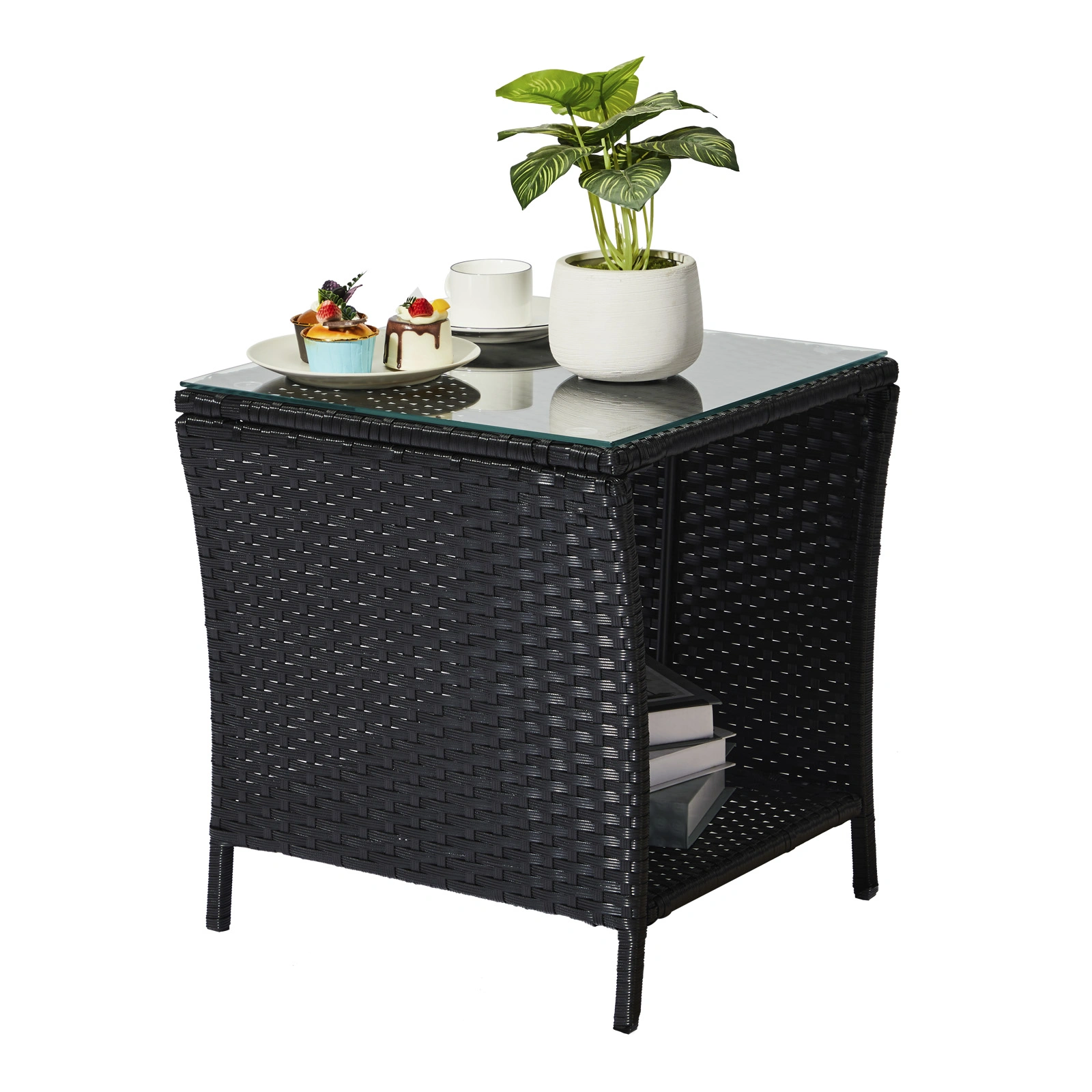 Outdoor Patio Wicker Side Table, Square End Table Bistro Coffee Table with Glass Top Storage Shelf for Porch Garden Backyard Black view 13