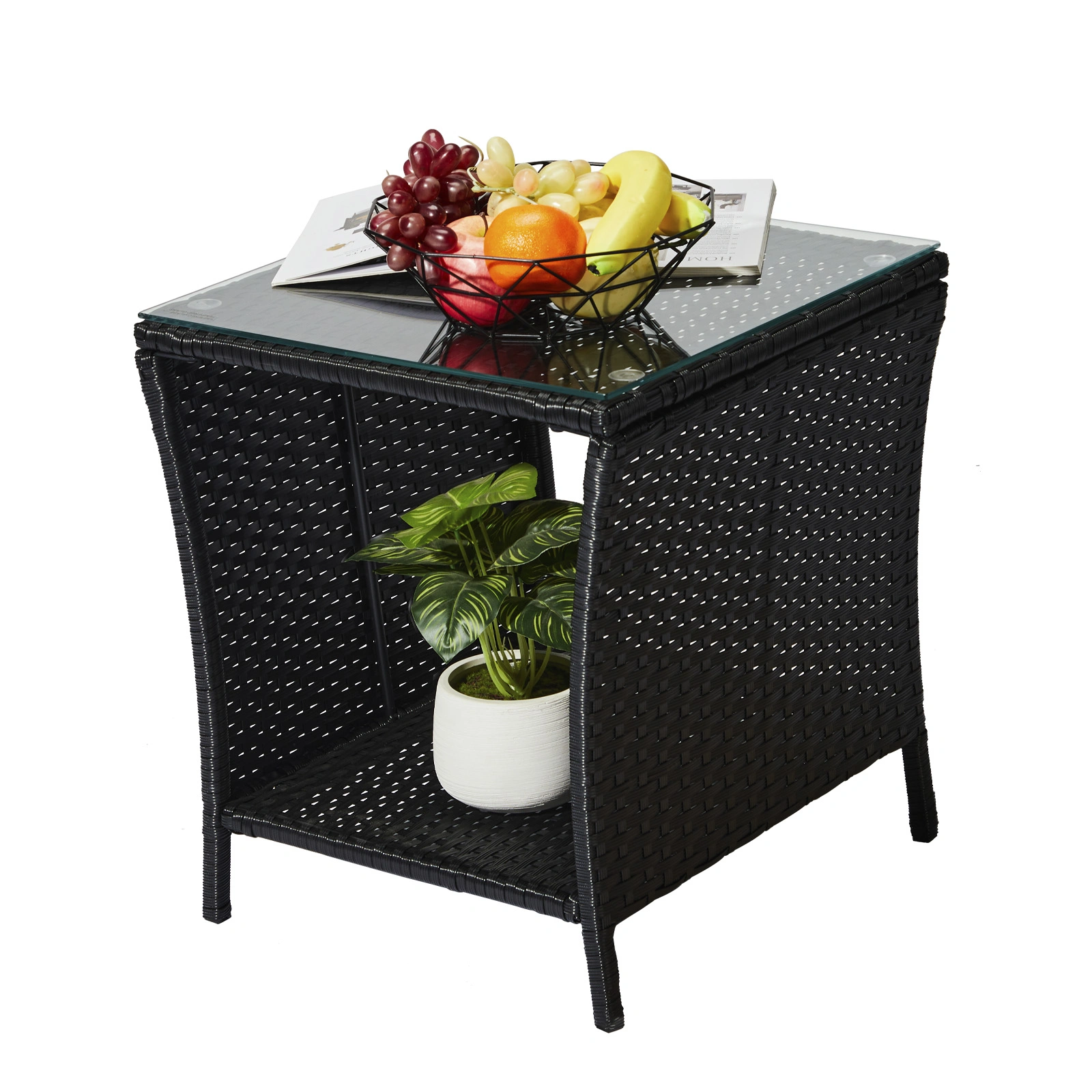 Outdoor Patio Wicker Side Table, Square End Table Bistro Coffee Table with Glass Top Storage Shelf for Porch Garden Backyard Black view 15