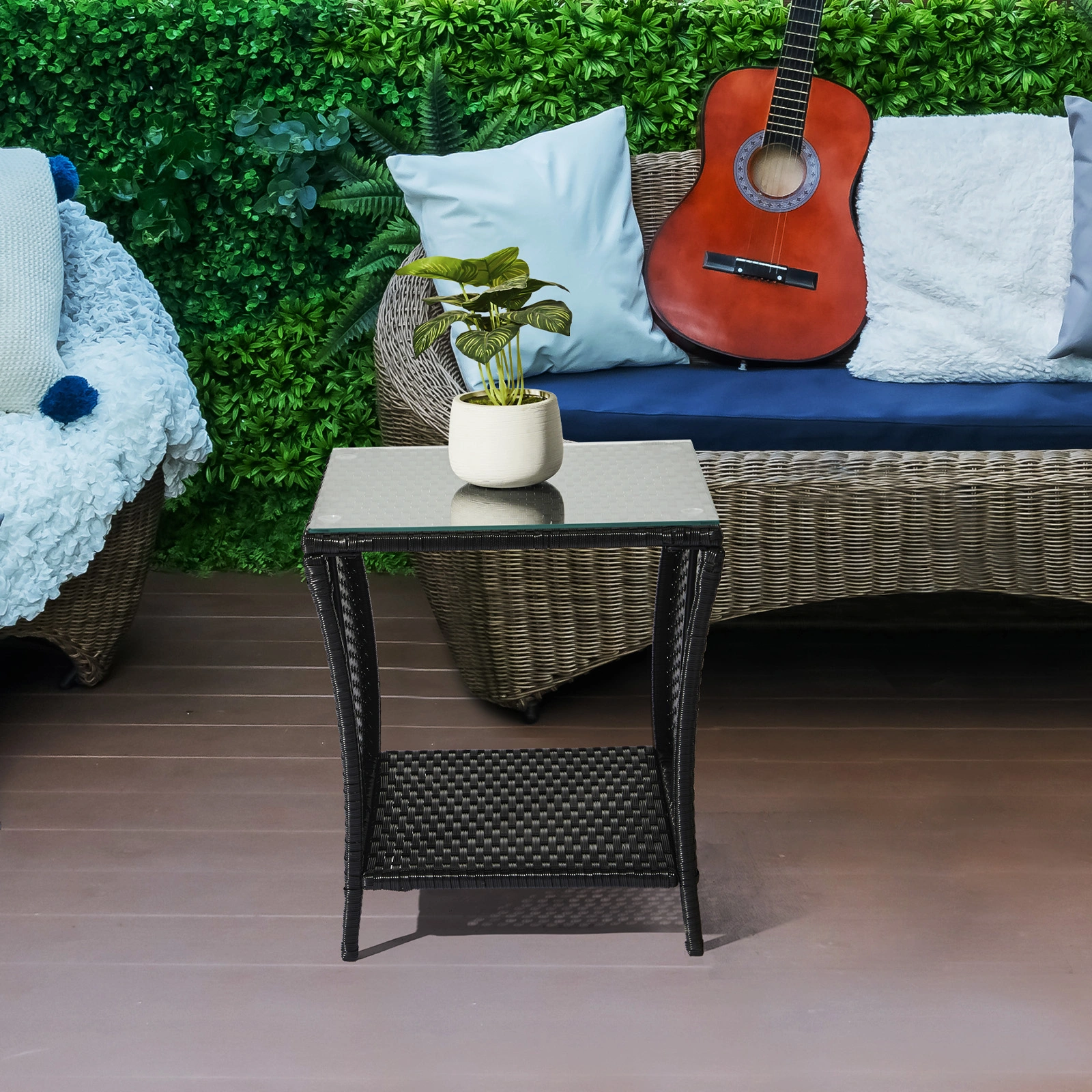 Outdoor Patio Wicker Side Table, Square End Table Bistro Coffee Table with Glass Top Storage Shelf for Porch Garden Backyard Black view 16