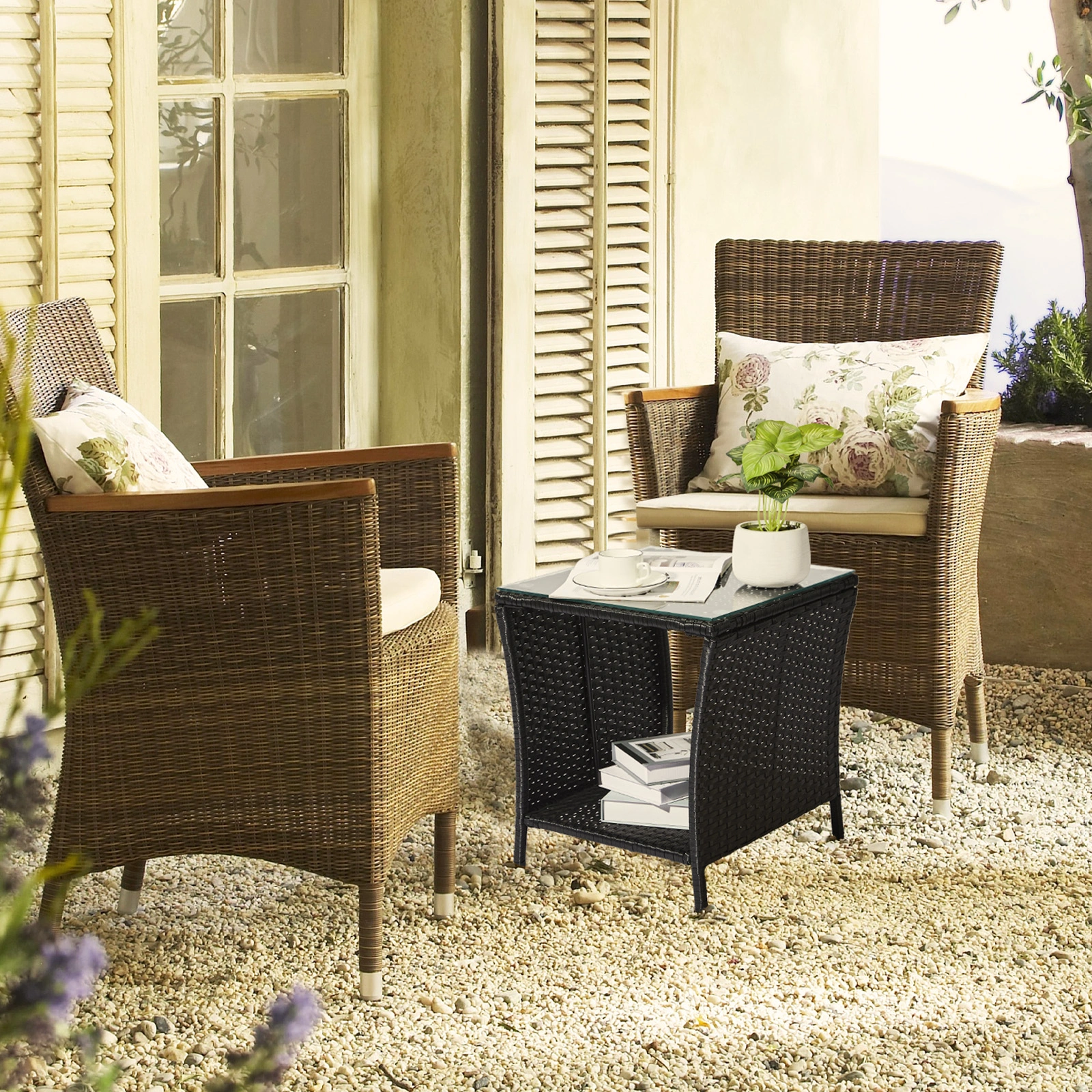Outdoor Patio Wicker Side Table, Square End Table Bistro Coffee Table with Glass Top Storage Shelf for Porch Garden Backyard Black view 21