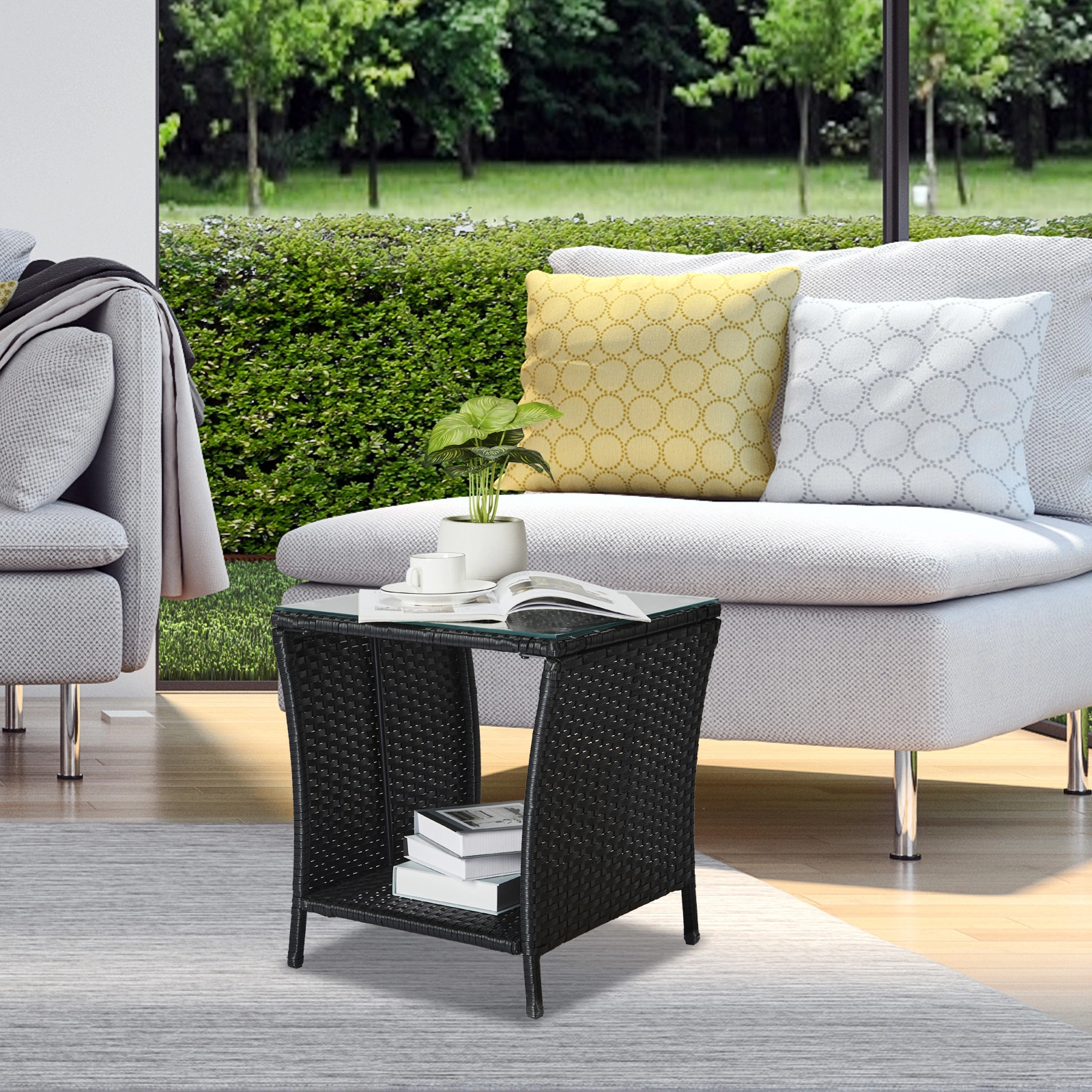 Outdoor Patio Wicker Side Table, Square End Table Bistro Coffee Table with Glass Top Storage Shelf for Porch Garden Backyard Black view 24