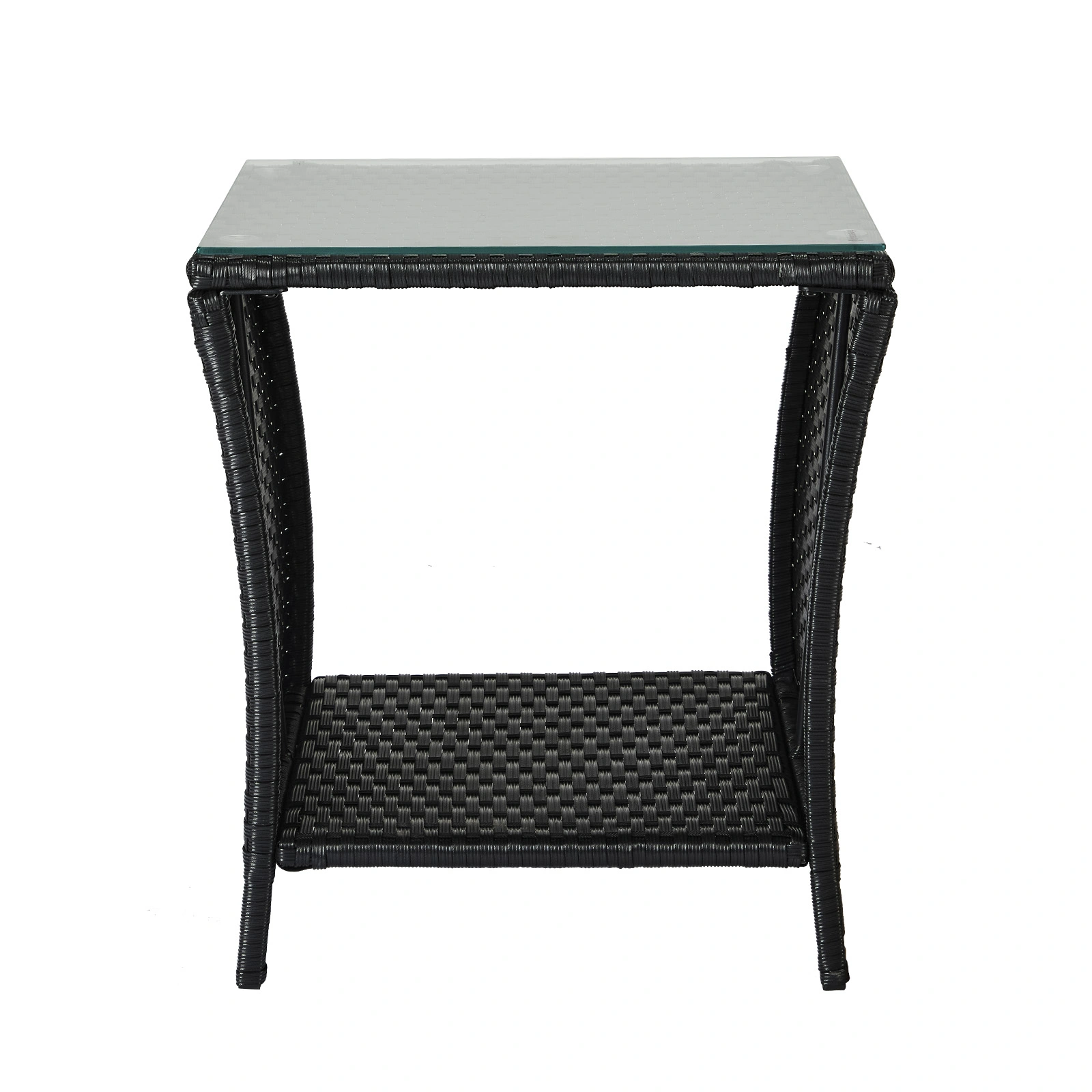 Outdoor Patio Wicker Side Table, Square End Table Bistro Coffee Table with Glass Top Storage Shelf for Porch Garden Backyard Black view 6