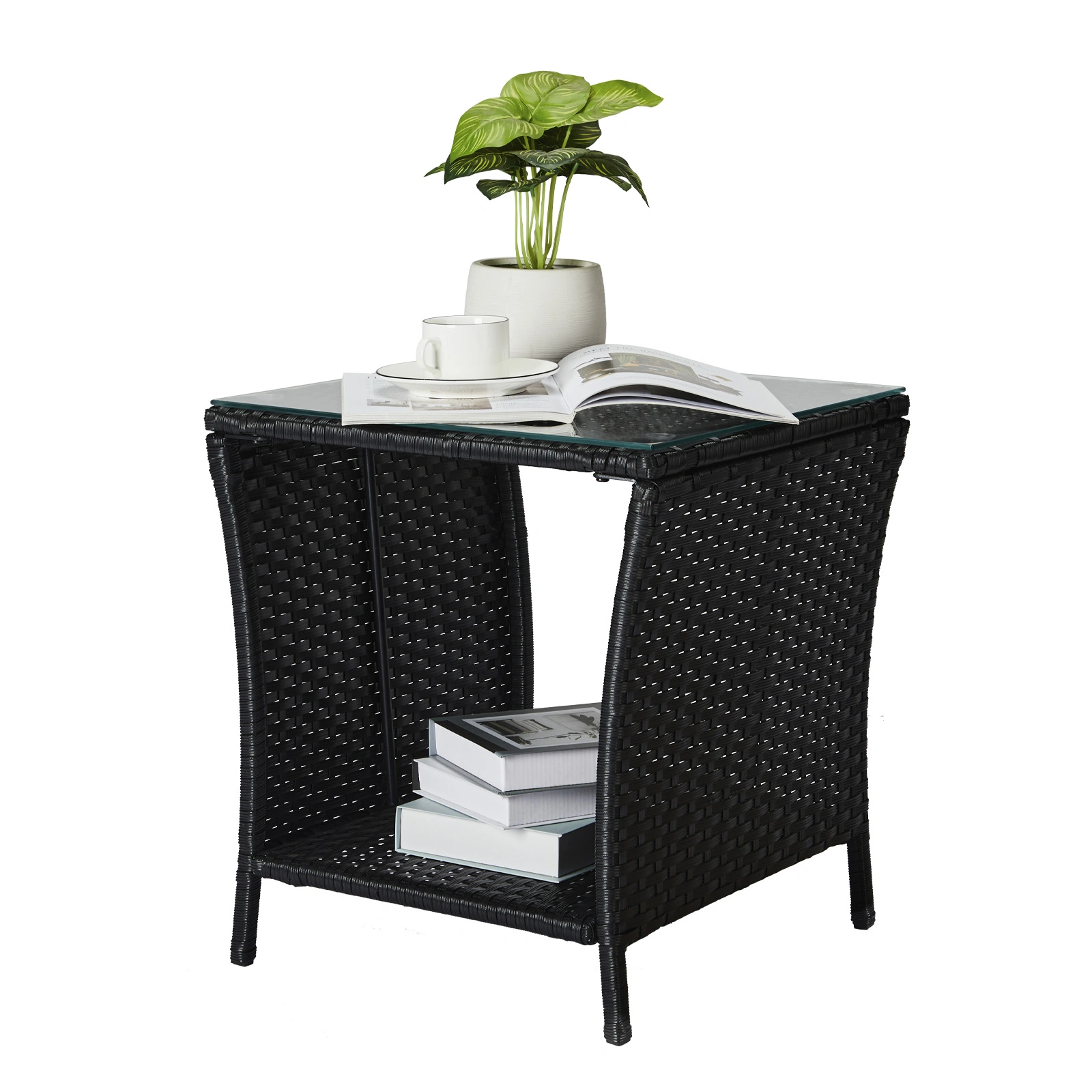 Outdoor Patio Wicker Side Table, Square End Table Bistro Coffee Table with Glass Top Storage Shelf for Porch Garden Backyard Black view 8