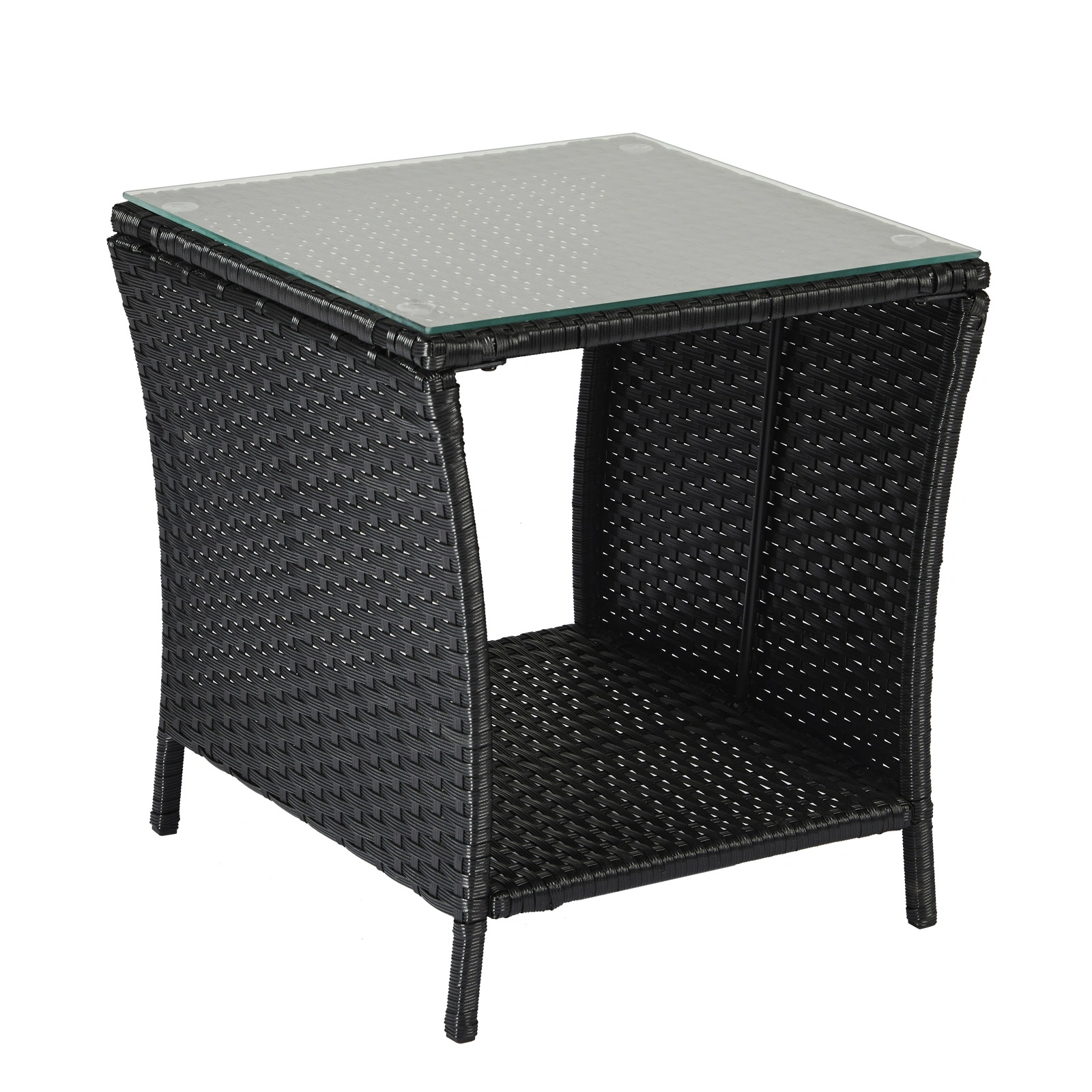 Outdoor Patio Wicker Side Table, Square End Table Bistro Coffee Table with Glass Top Storage Shelf for Porch Garden Backyard Black view 9