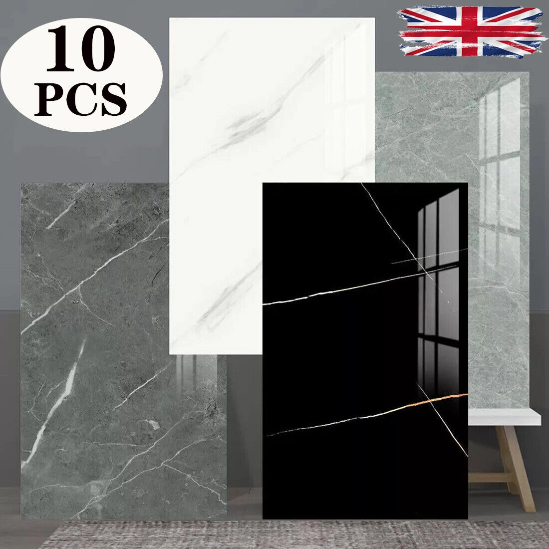 10 Self-Adhesive Marble Look Tile Stickers, Peel & Stick Backsplash Wallpaper for Kitchen, Bathroom, Living Room Decor
