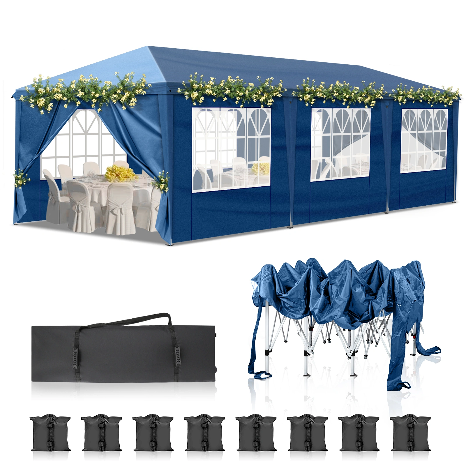 10x30ft Outdoor Pop Up Canopy, Portable Instant Canopy Tent with 8 Sidewalls for Outdoor Events Party Wedding Birthday Graduation, Blue view 2