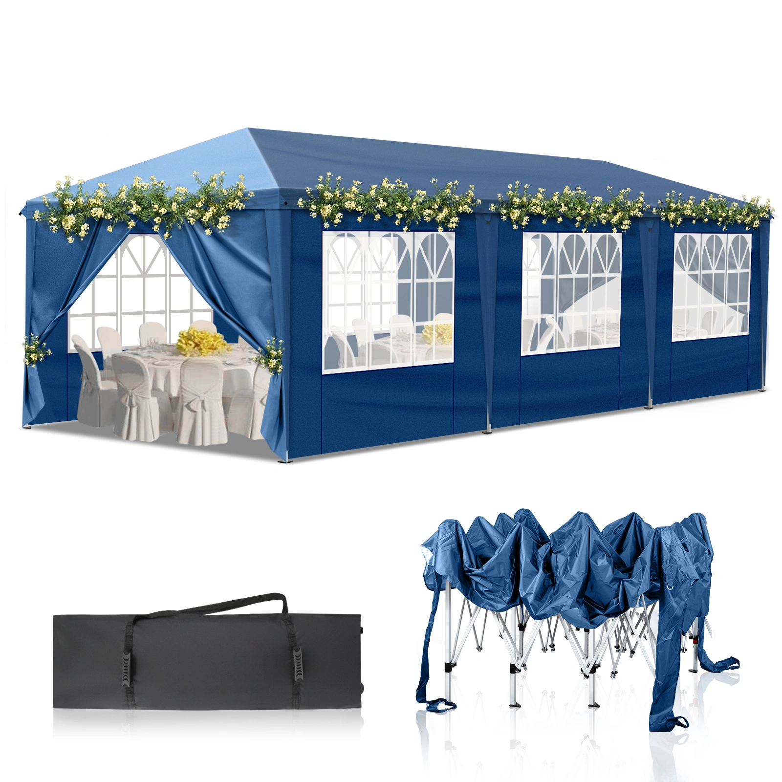 10x30ft Outdoor Pop Up Canopy, Portable Instant Canopy Tent with 8 Sidewalls for Outdoor Events Party Wedding Birthday Graduation, Blue view 3