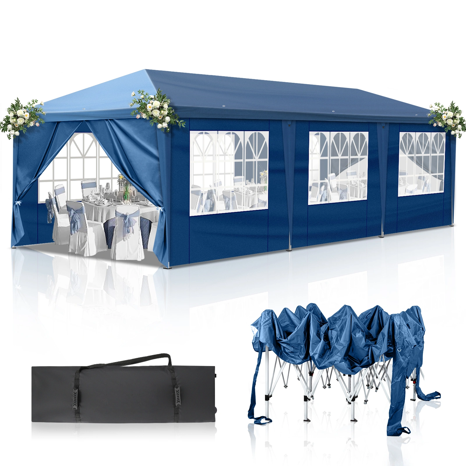 10x30ft Outdoor Pop Up Canopy, Portable Instant Canopy Tent with 8 Sidewalls for Outdoor Events Party Wedding Birthday Graduation, Blue view 4