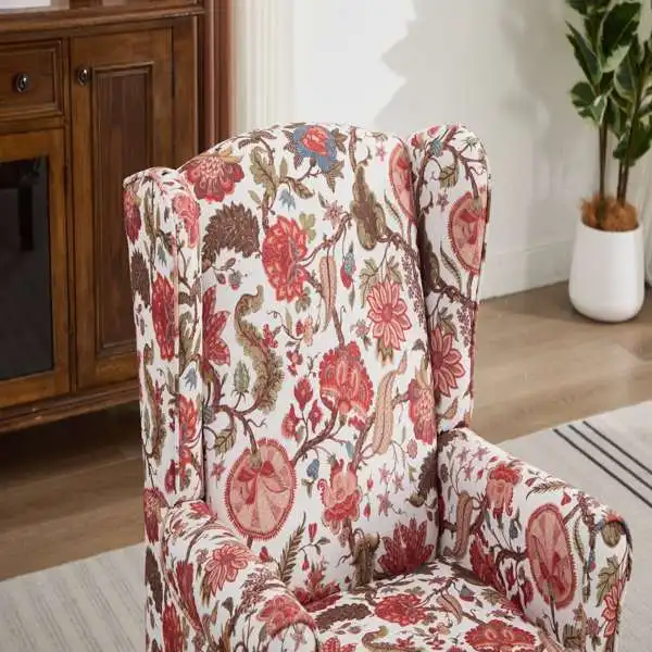 Modern Accent Chair with Retro Wood Legs, Comfy Upholstered Armchair, Floral Design Single Sofa Chair for Living Room Bedroom Office - Floral Red view 5