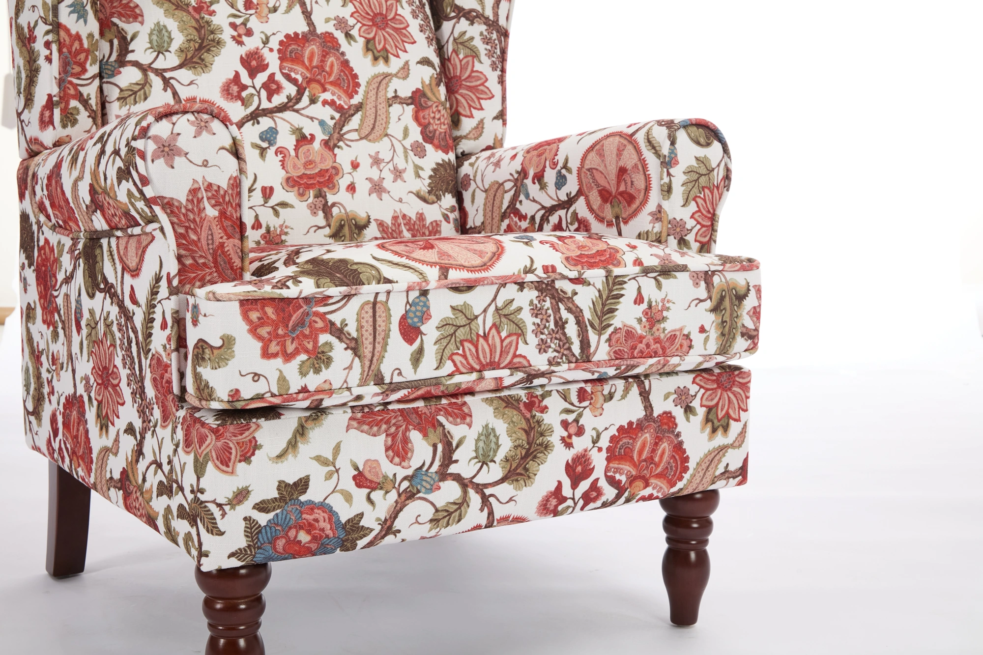 Modern Accent Chair with Retro Wood Legs, Comfy Upholstered Armchair, Floral Design Single Sofa Chair for Living Room Bedroom Office - Floral Red view 12