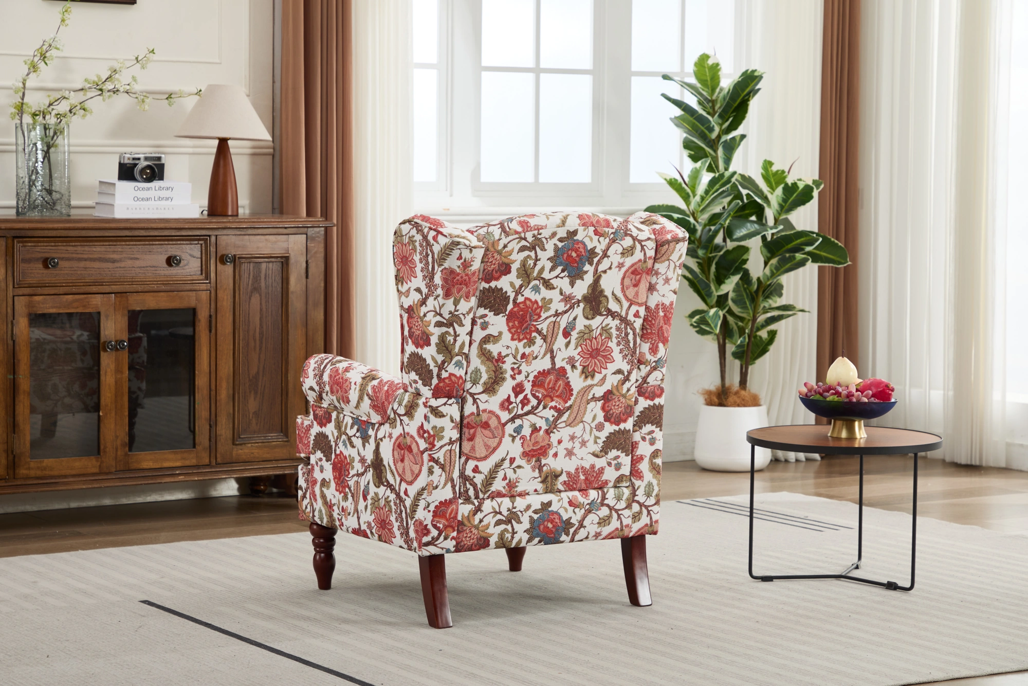 Modern Accent Chair with Retro Wood Legs, Comfy Upholstered Armchair, Floral Design Single Sofa Chair for Living Room Bedroom Office - Floral Red view 13