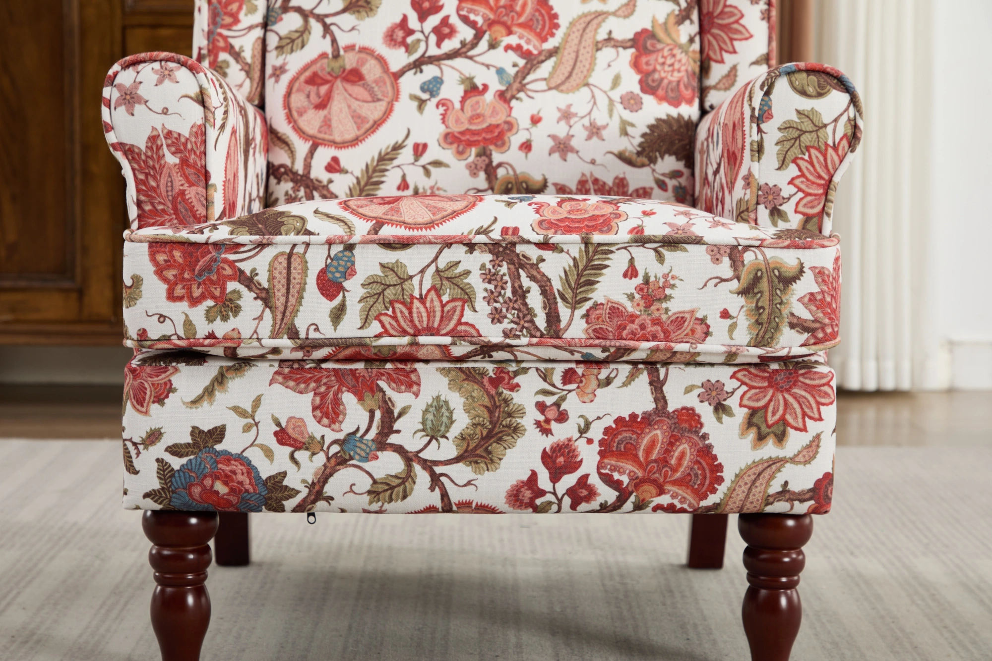 Modern Accent Chair with Retro Wood Legs, Comfy Upholstered Armchair, Floral Design Single Sofa Chair for Living Room Bedroom Office - Floral Red view 14