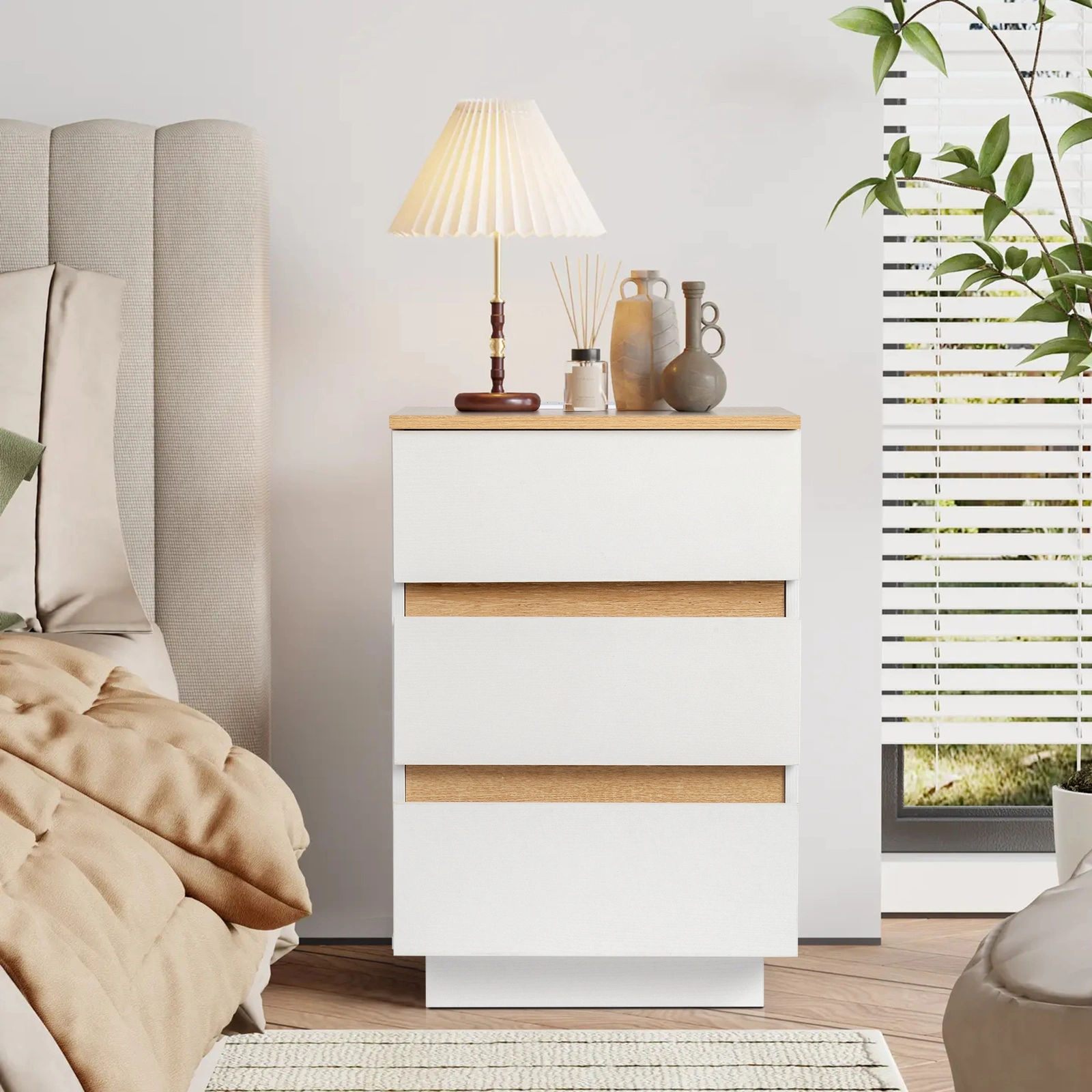 Embossed White & Oak Bedside Table, 3-Drawer Nightstand with UK Socket, 12mm E1 Particle Board, Handle-Free, 38x32x56cm