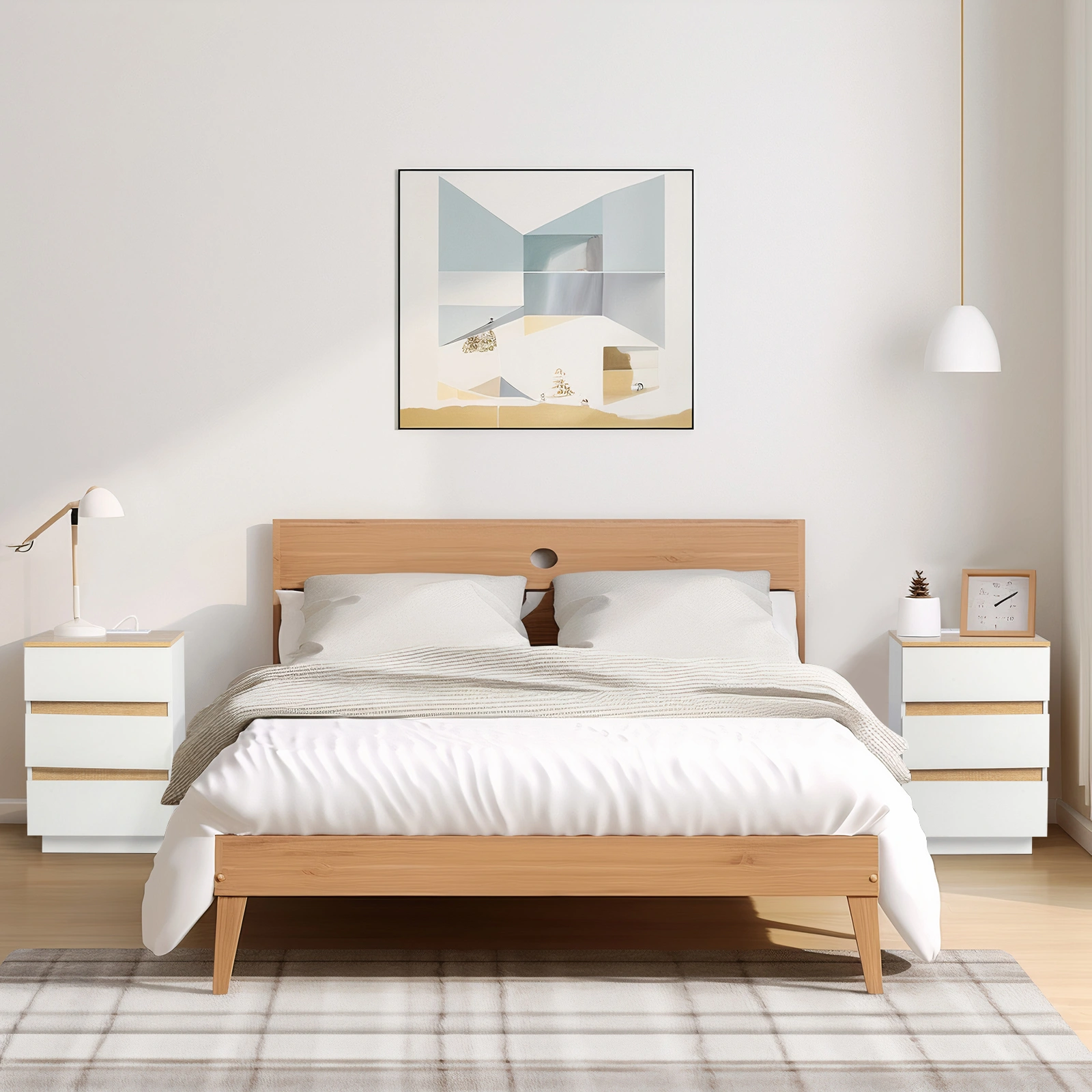 Embossed White & Oak Bedside Table, 3-Drawer Nightstand with UK Socket, 12mm E1 Particle Board, Handle-Free, 38x32x56cm view 2