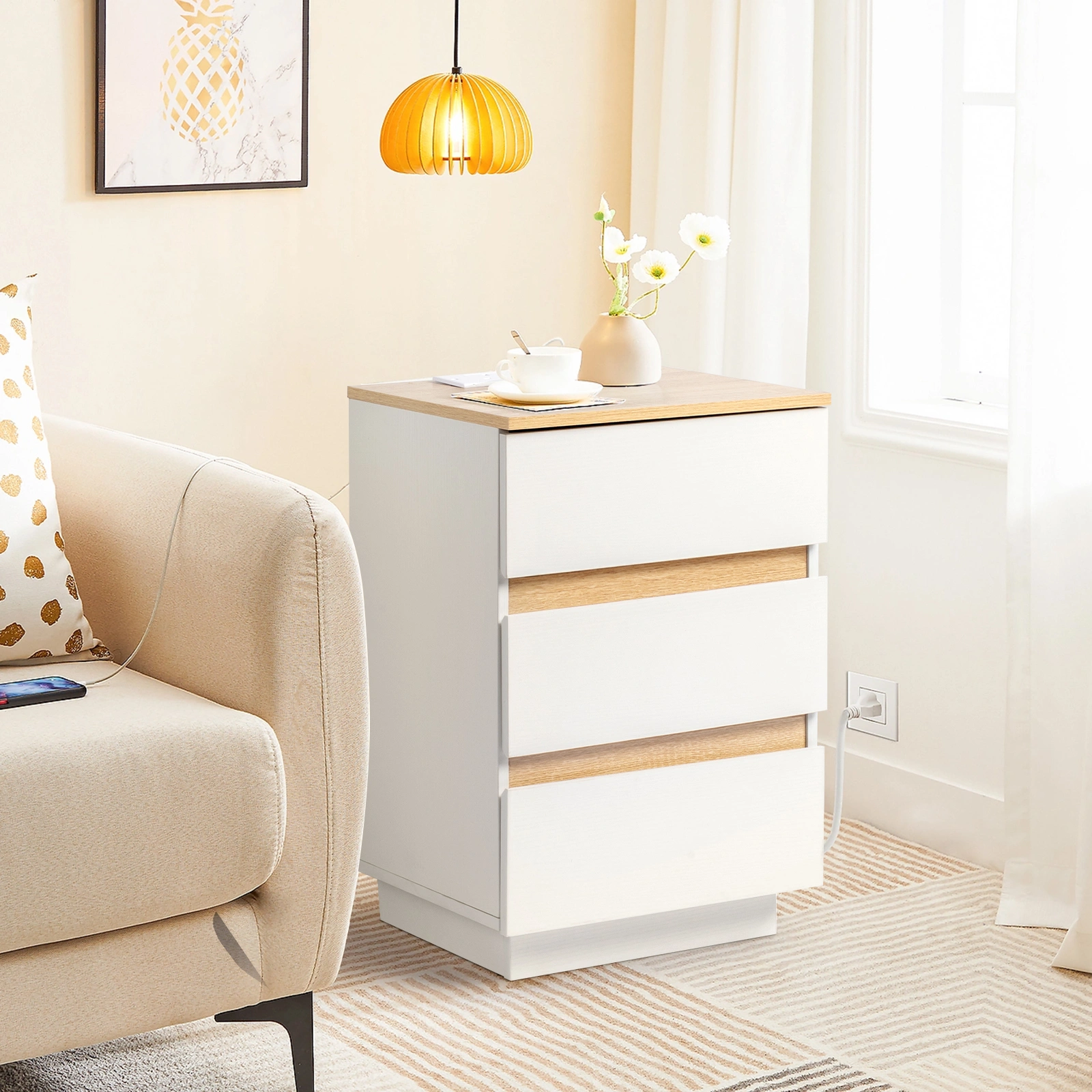 Embossed White & Oak Bedside Table, 3-Drawer Nightstand with UK Socket, 12mm E1 Particle Board, Handle-Free, 38x32x56cm view 3