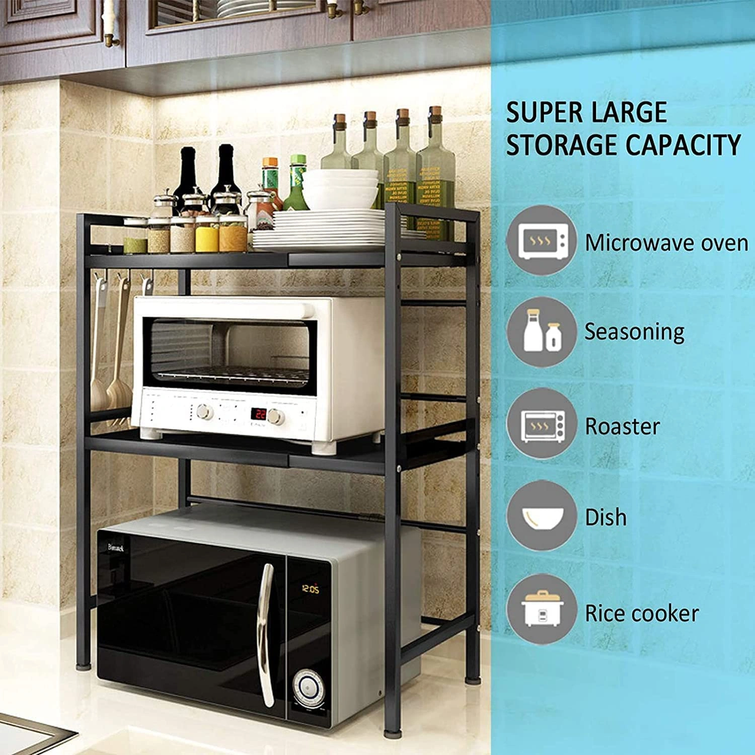 3-Tier Expandable Microwave Oven Rack Stand, Adjustable Kitchen Counter Corner Shelf Storage view 2