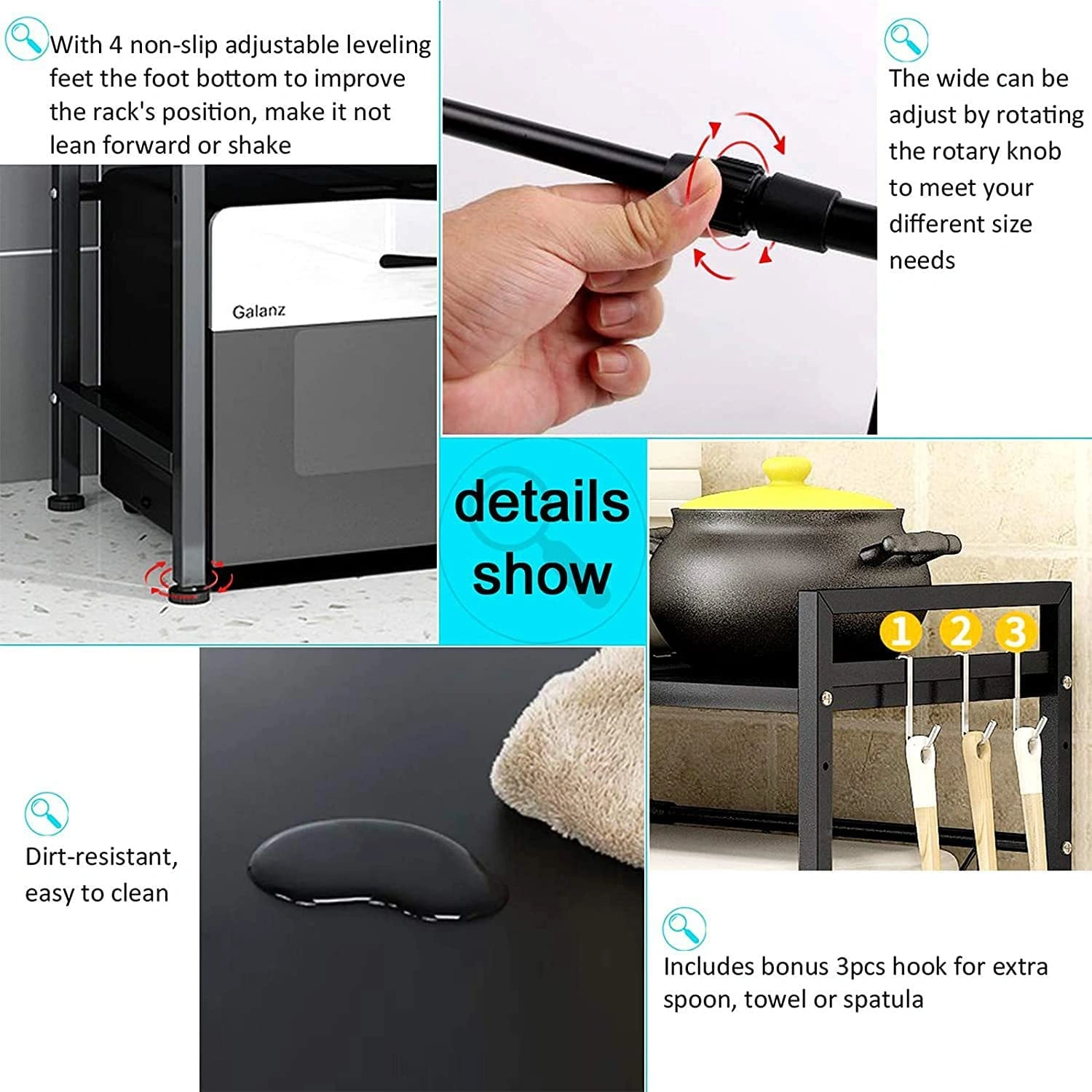 3-Tier Expandable Microwave Oven Rack Stand, Adjustable Kitchen Counter Corner Shelf Storage view 5