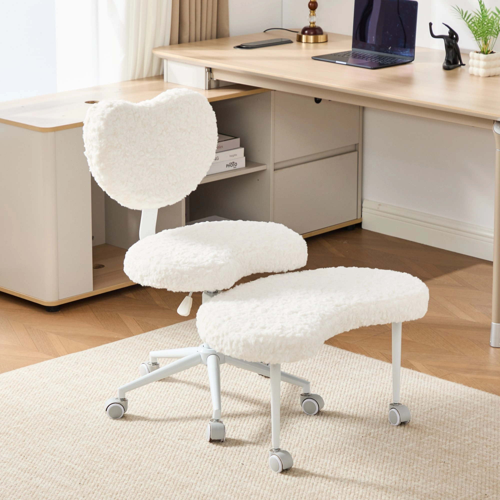 Artificial rabbit hair Meditation Chair Plus, Cross Legged Chair with Wheels, ADHD Chair, Criss Cross Desk Chair with Lumbar Support and Adjustable Stool, Flexible Design for Fidgety Sitters, Beige view 2