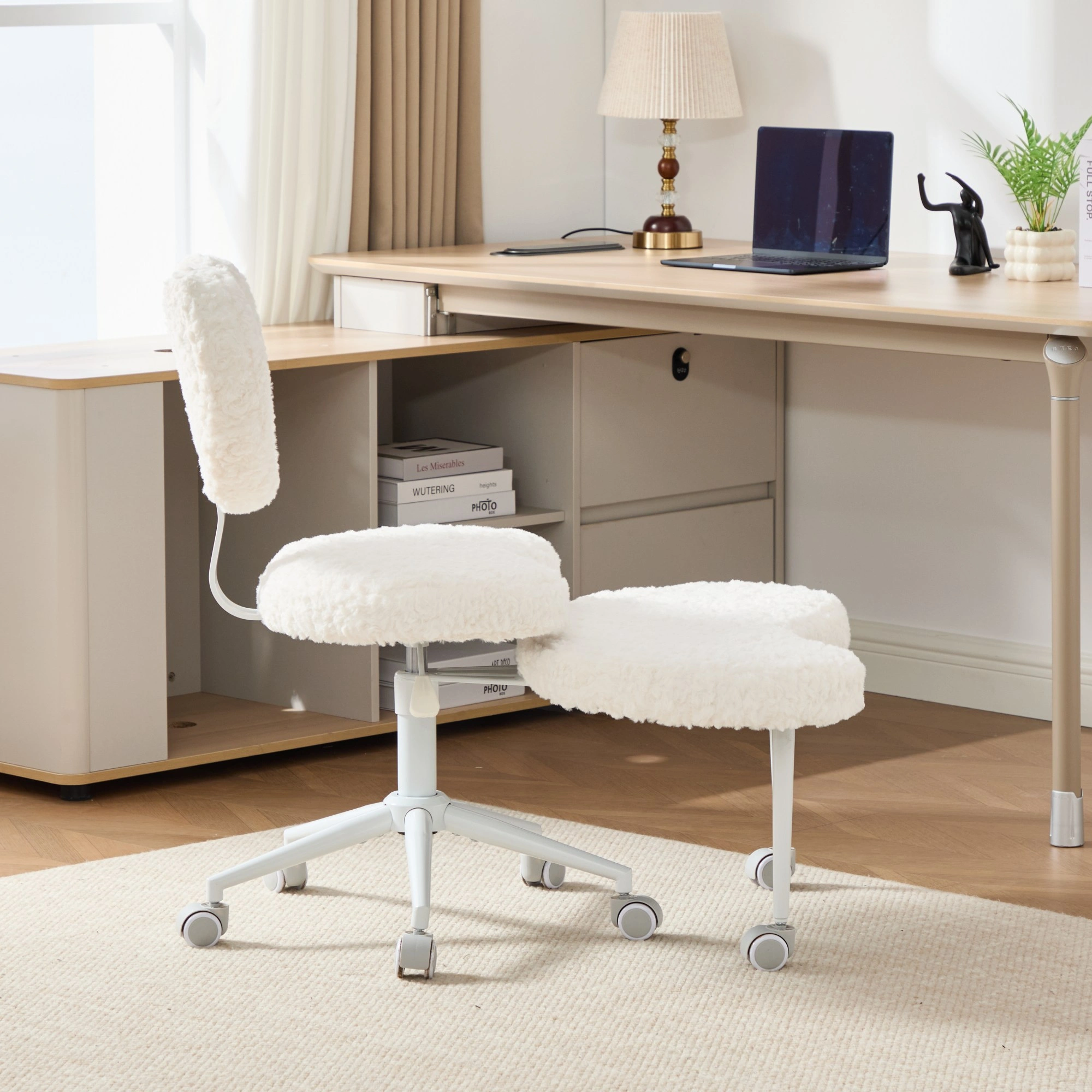 Artificial rabbit hair Meditation Chair Plus, Cross Legged Chair with Wheels, ADHD Chair, Criss Cross Desk Chair with Lumbar Support and Adjustable Stool, Flexible Design for Fidgety Sitters, Beige view 4
