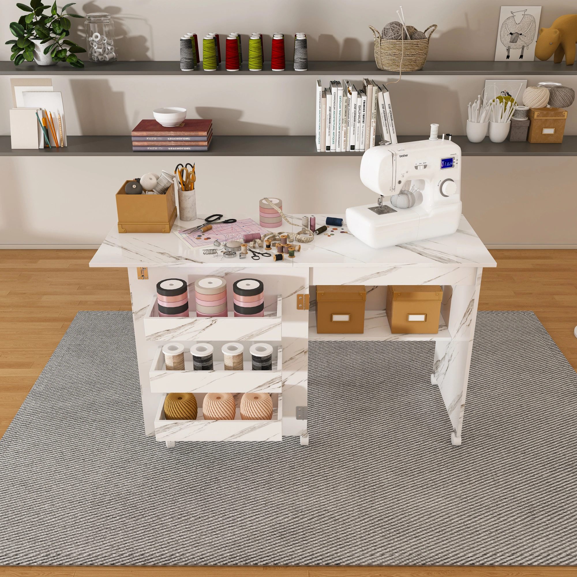 4-in-1 Folding Sewing Table with Lockable Wheels, White Rolling Craft Station End Table & Computer Desk with Storage Shelves for Apartments