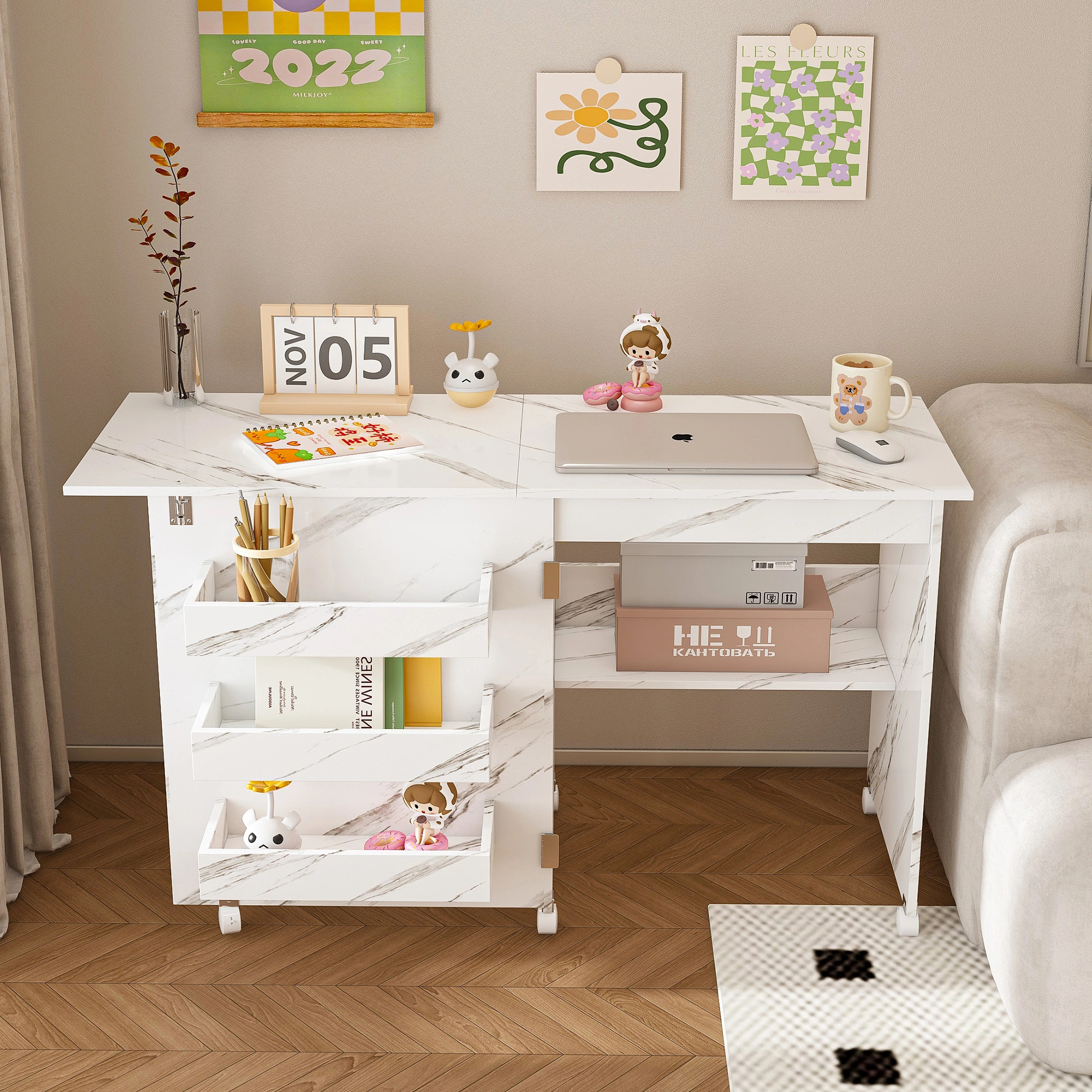 4-in-1 Folding Sewing Table with Lockable Wheels, White Rolling Craft Station End Table & Computer Desk with Storage Shelves for Apartments view 10