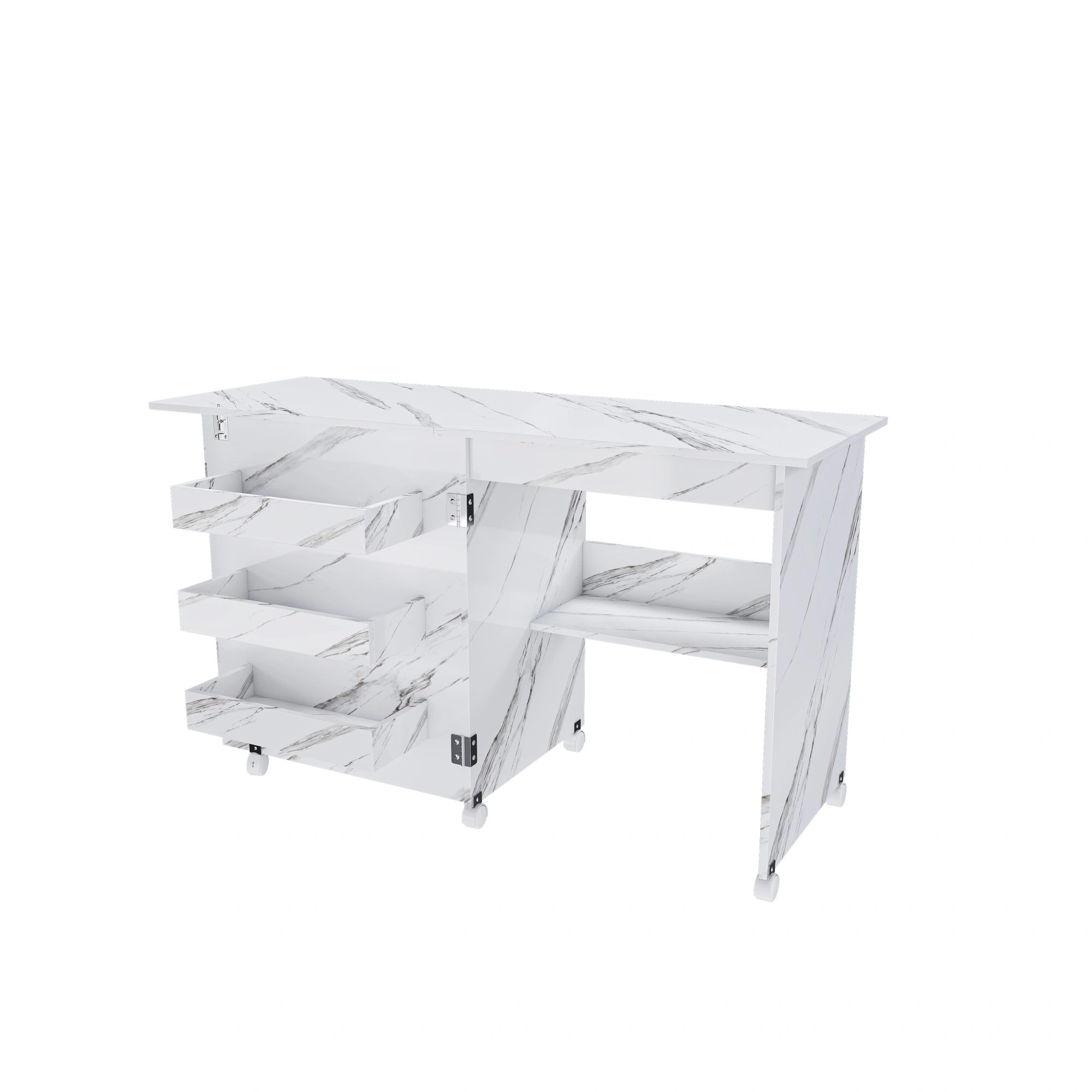 4-in-1 Folding Sewing Table with Lockable Wheels, White Rolling Craft Station End Table & Computer Desk with Storage Shelves for Apartments view 12