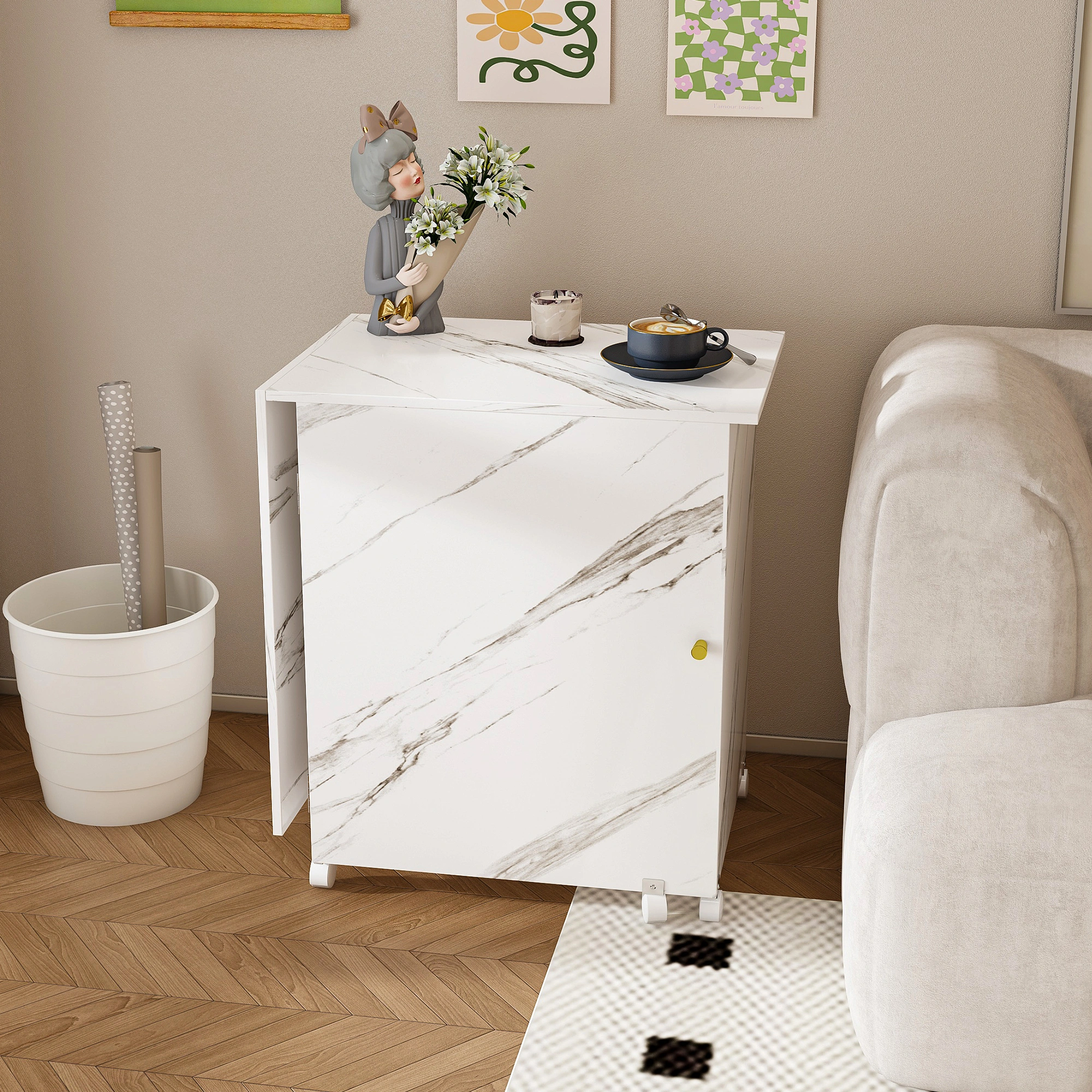 4-in-1 Folding Sewing Table with Lockable Wheels, White Rolling Craft Station End Table & Computer Desk with Storage Shelves for Apartments view 4