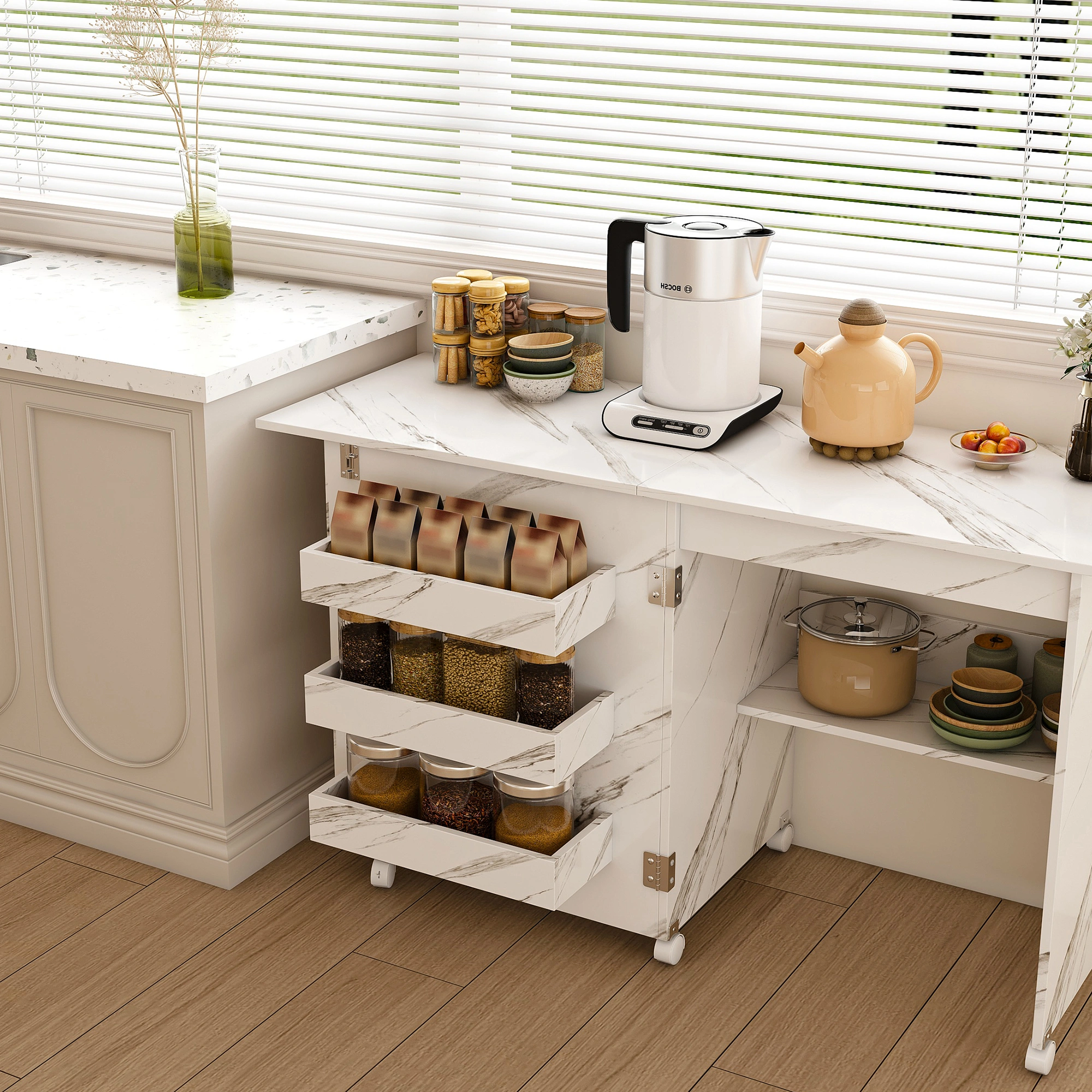 4-in-1 Folding Sewing Table with Lockable Wheels, White Rolling Craft Station End Table & Computer Desk with Storage Shelves for Apartments view 5