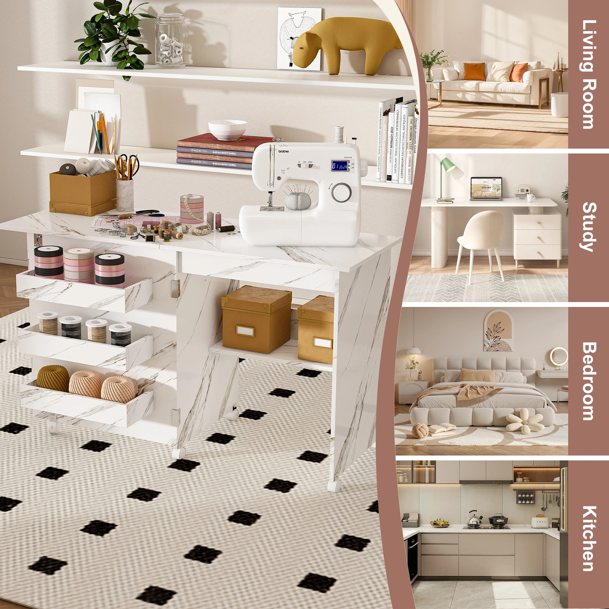 4-in-1 Folding Sewing Table with Lockable Wheels, White Rolling Craft Station End Table & Computer Desk with Storage Shelves for Apartments view 7