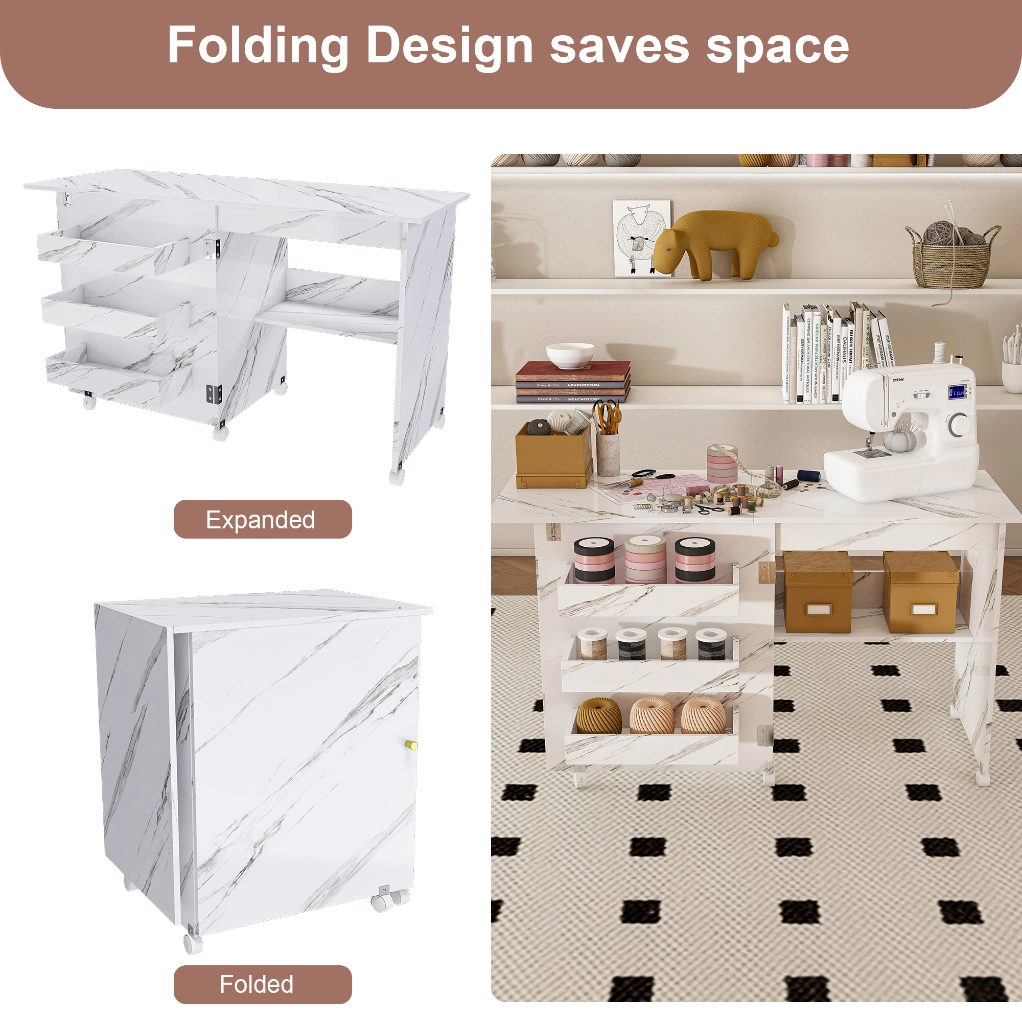 4-in-1 Folding Sewing Table with Lockable Wheels, White Rolling Craft Station End Table & Computer Desk with Storage Shelves for Apartments view 8