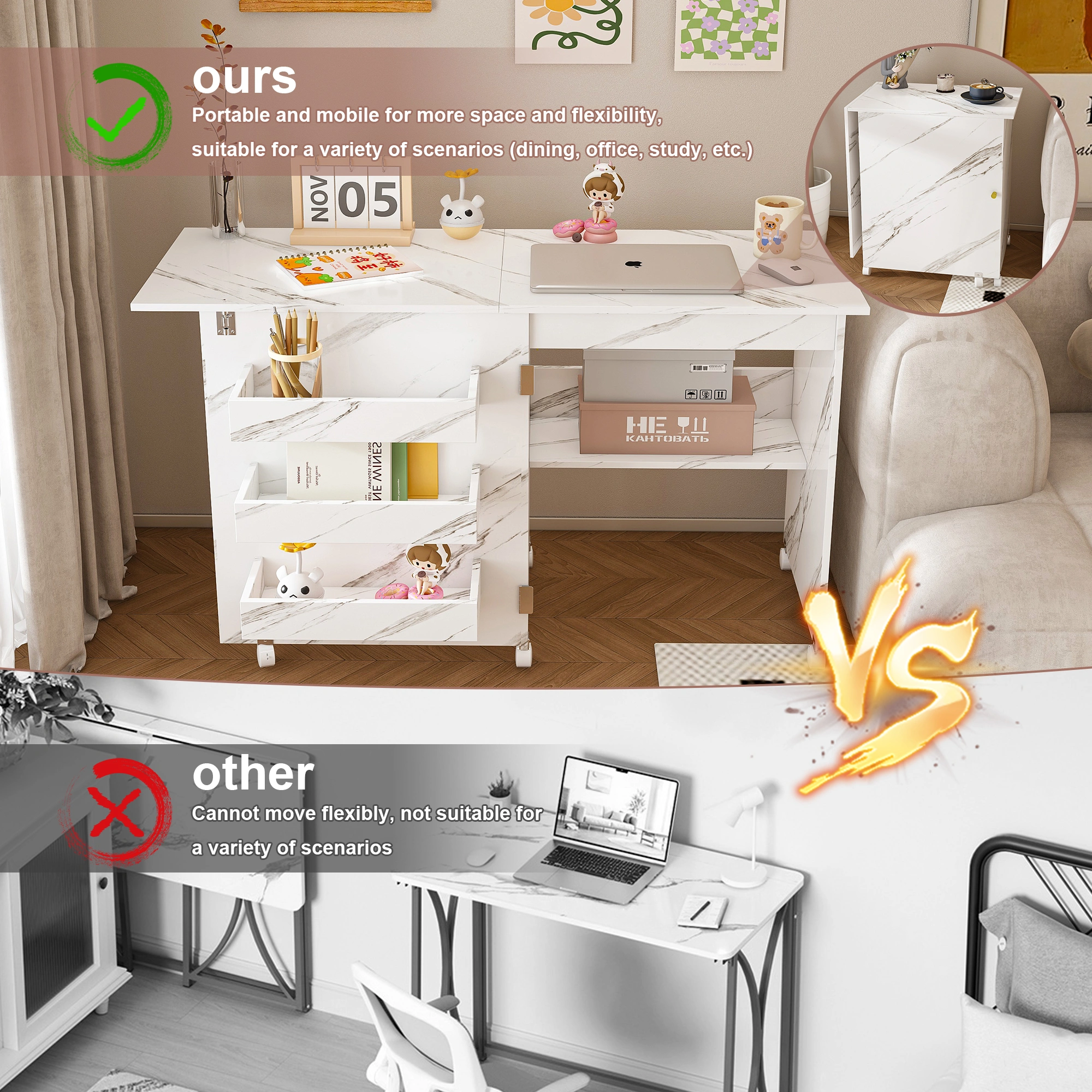 4-in-1 Folding Sewing Table with Lockable Wheels, White Rolling Craft Station End Table & Computer Desk with Storage Shelves for Apartments view 9