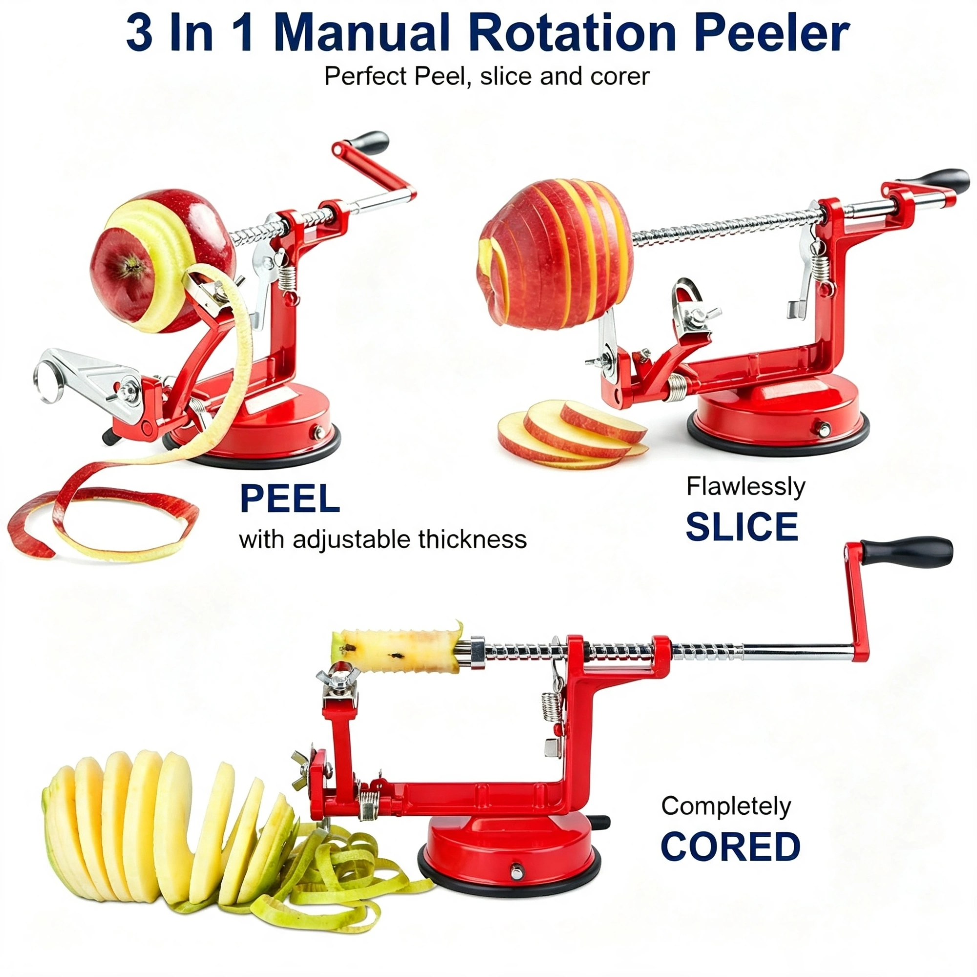 3‑in‑1 Fruit Peeler, 3‑in‑1 Apple Peeler Slicer Corer,Apple Slicer Corer with Suction Base, Zinc Alloy and Stainless‑Steel Blade for Kitchen Fruit Processing view 4