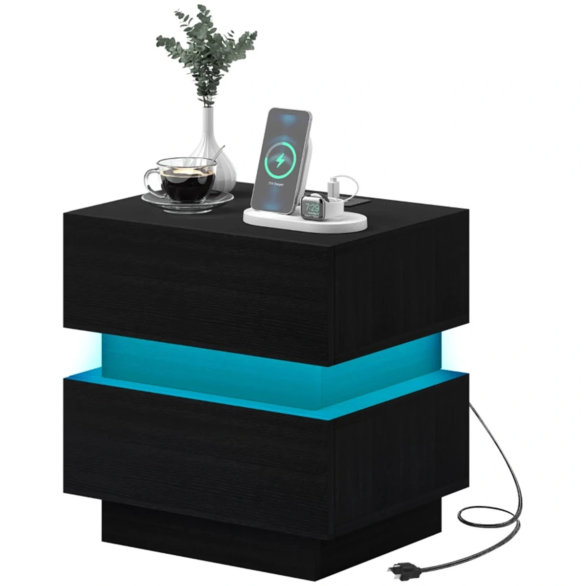 Modern Bedside Table with USB Charging Station & LED Light, Nightstand Storage Drawer for Bedroom, Living Room view 2