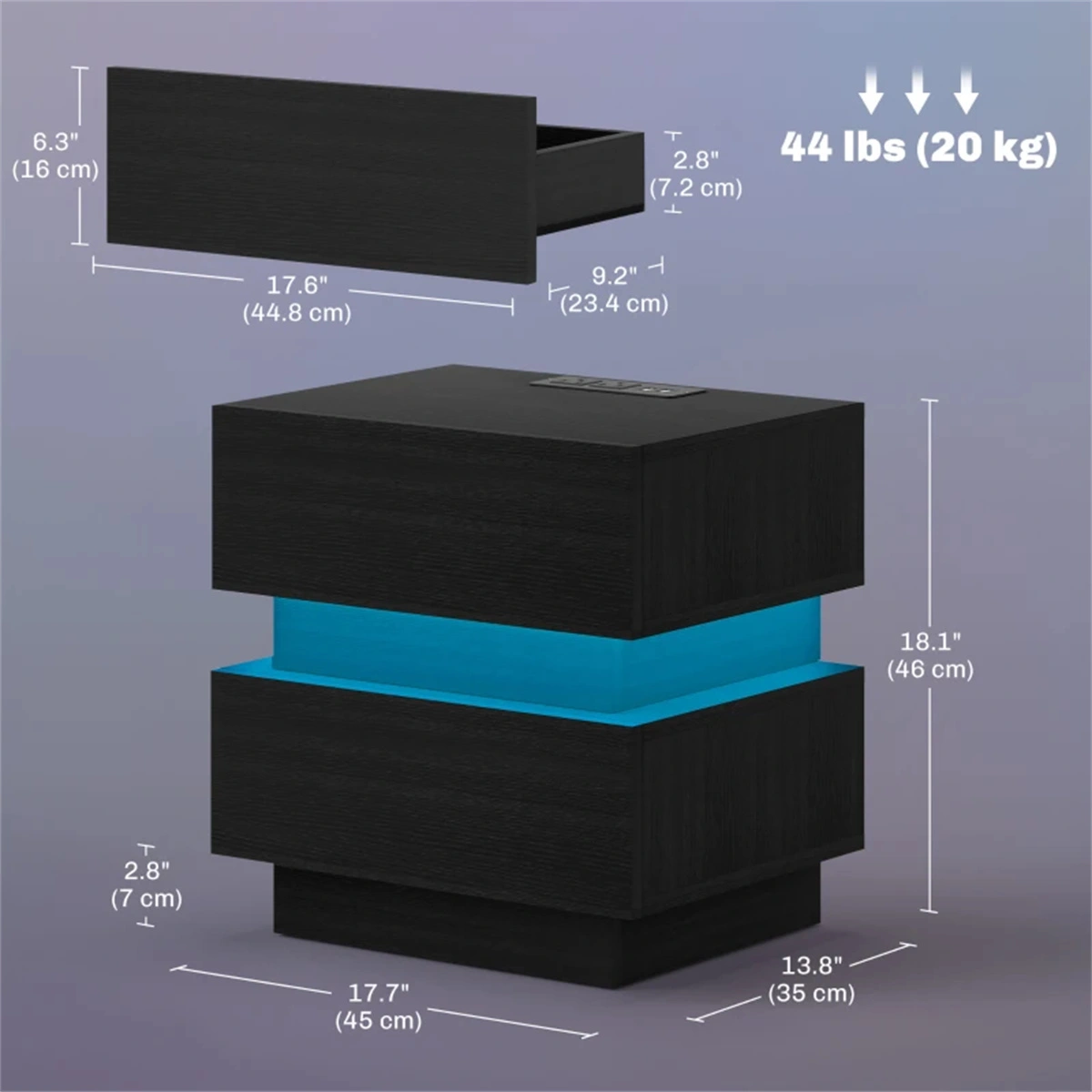 Modern Bedside Table with USB Charging Station & LED Light, Nightstand Storage Drawer for Bedroom, Living Room view 3