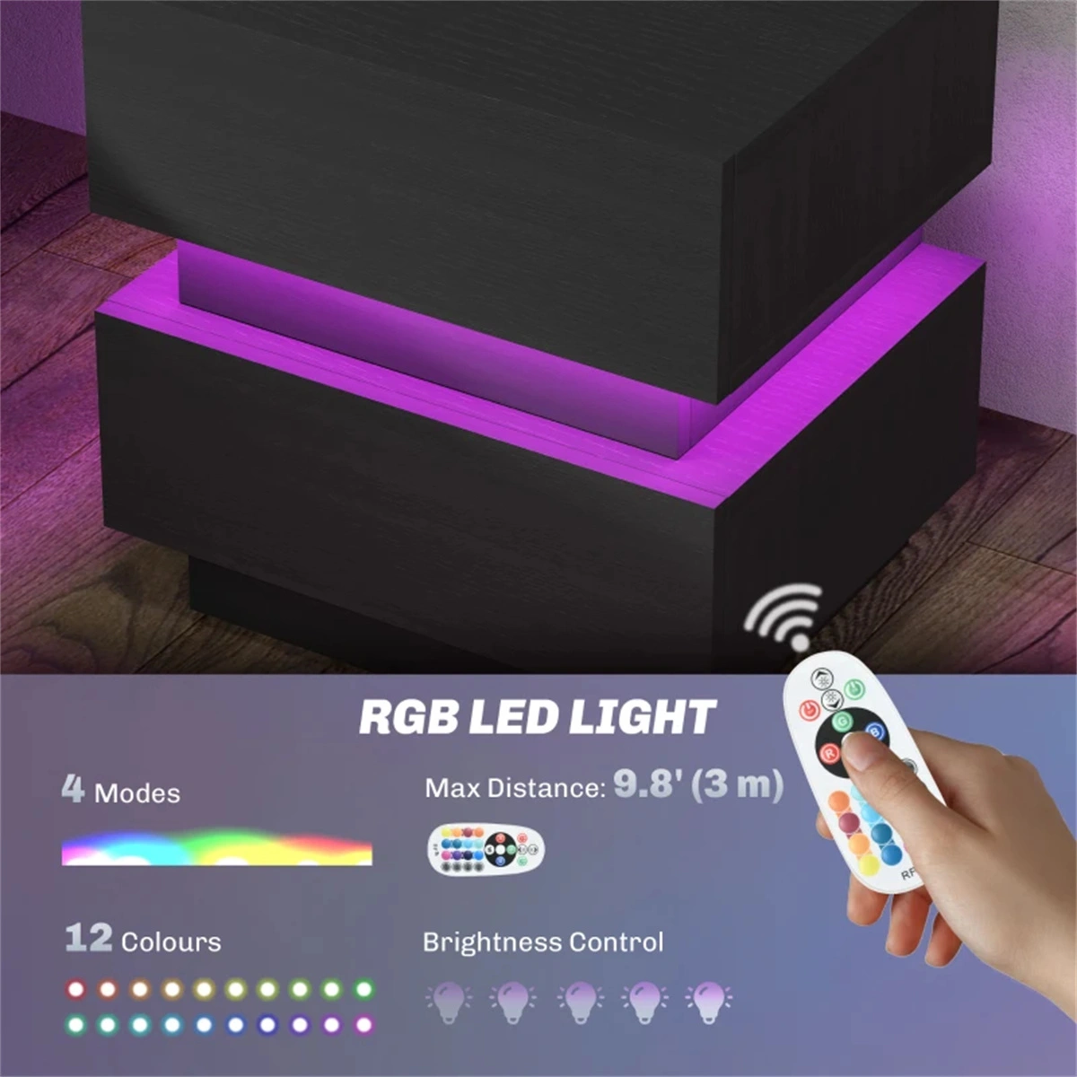 Modern Bedside Table with USB Charging Station & LED Light, Nightstand Storage Drawer for Bedroom, Living Room view 4