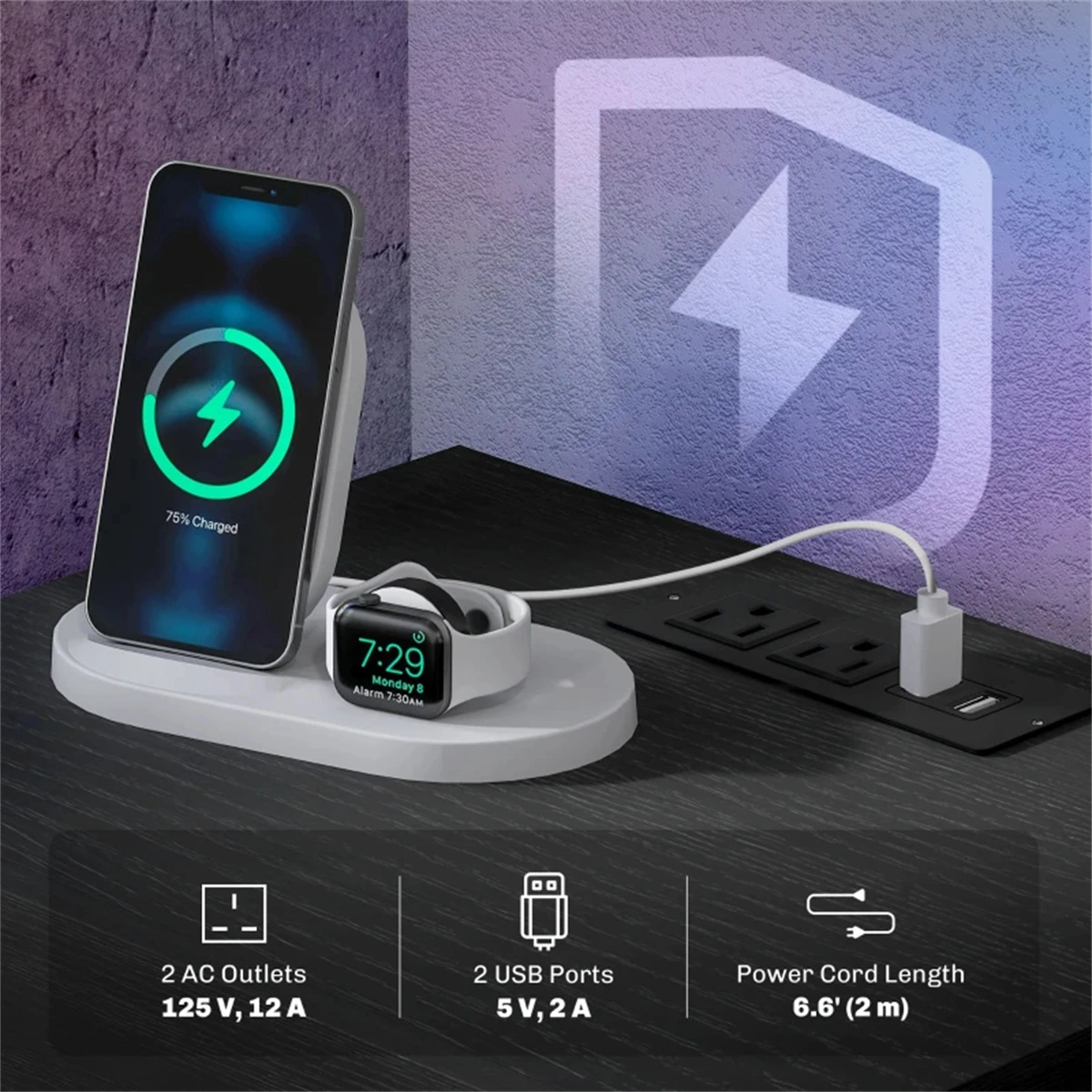 Modern Bedside Table with USB Charging Station & LED Light, Nightstand Storage Drawer for Bedroom, Living Room view 5